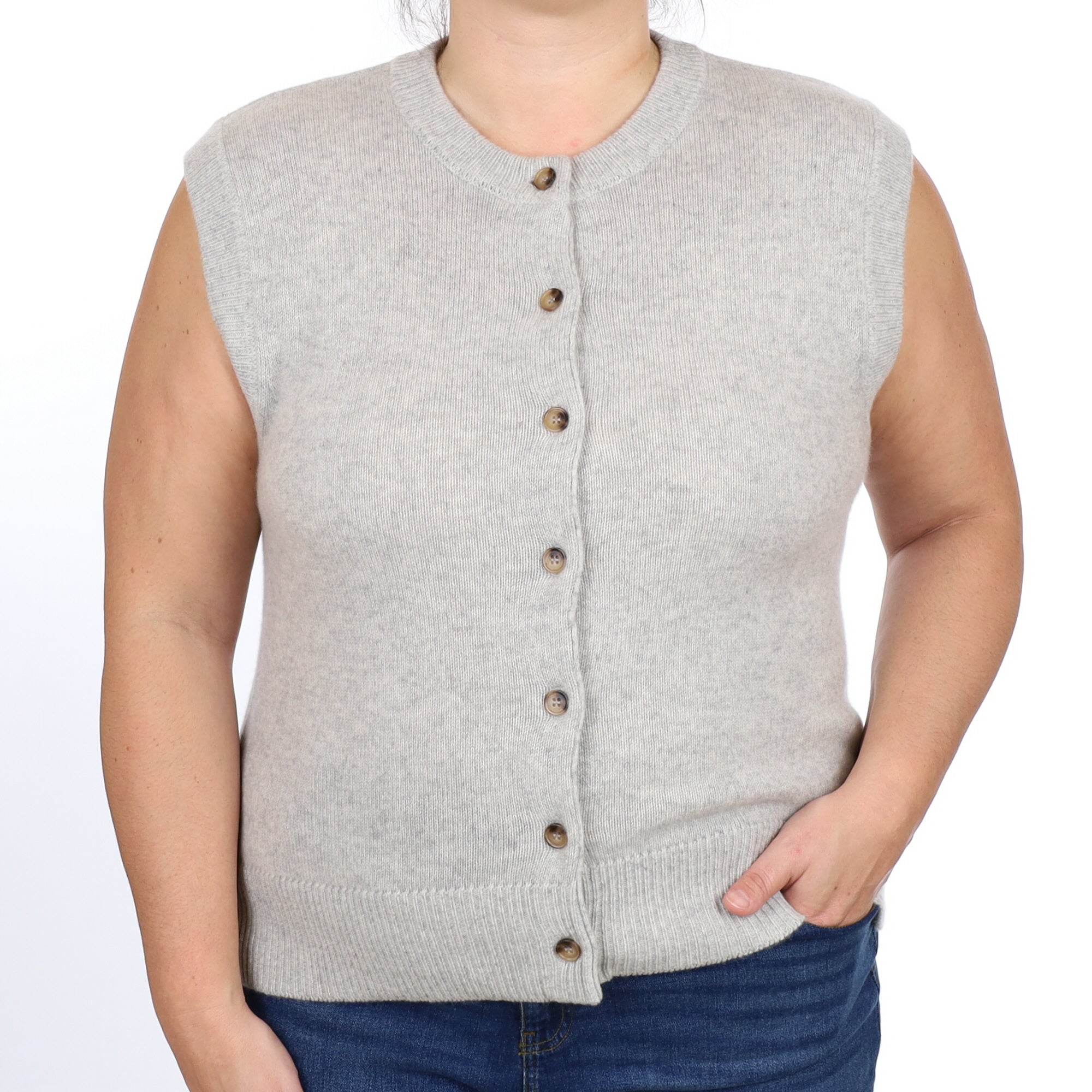 Brand New Mist Grey Luxury Cashmere Crew Neck Waistcoat Large UK 16-18