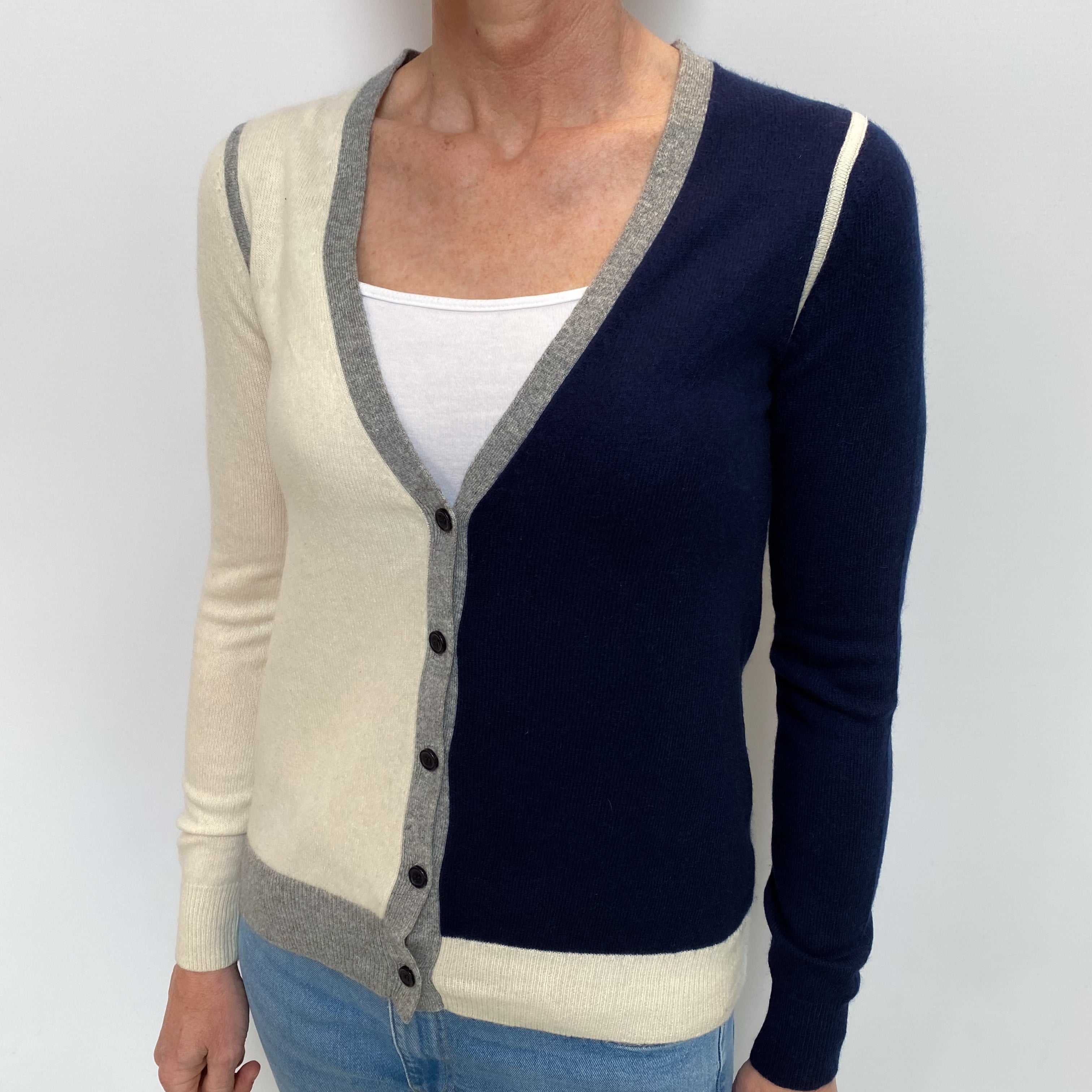 Navy Colour Block Cashmere V Neck Cardigan Small