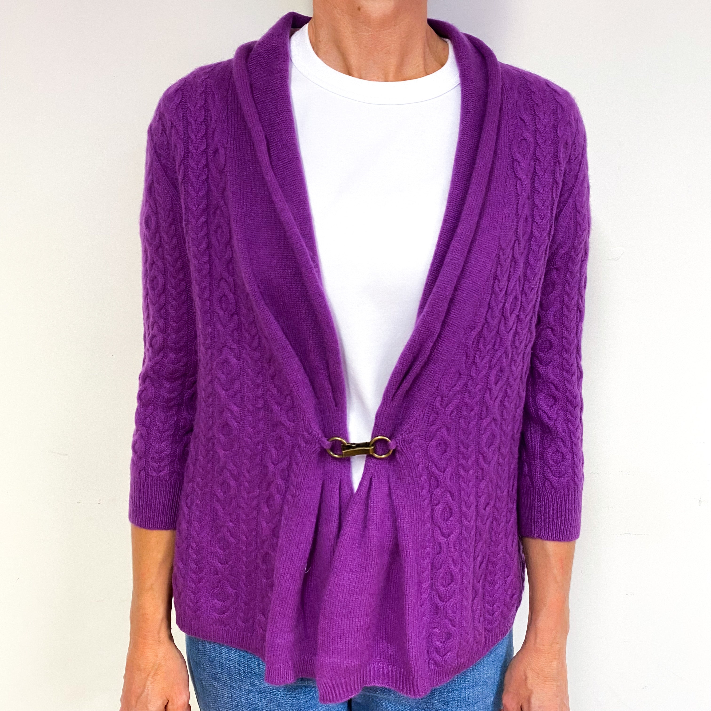 Viola Purple Cable Cashmere Buckle Fasten Cardigan Medium