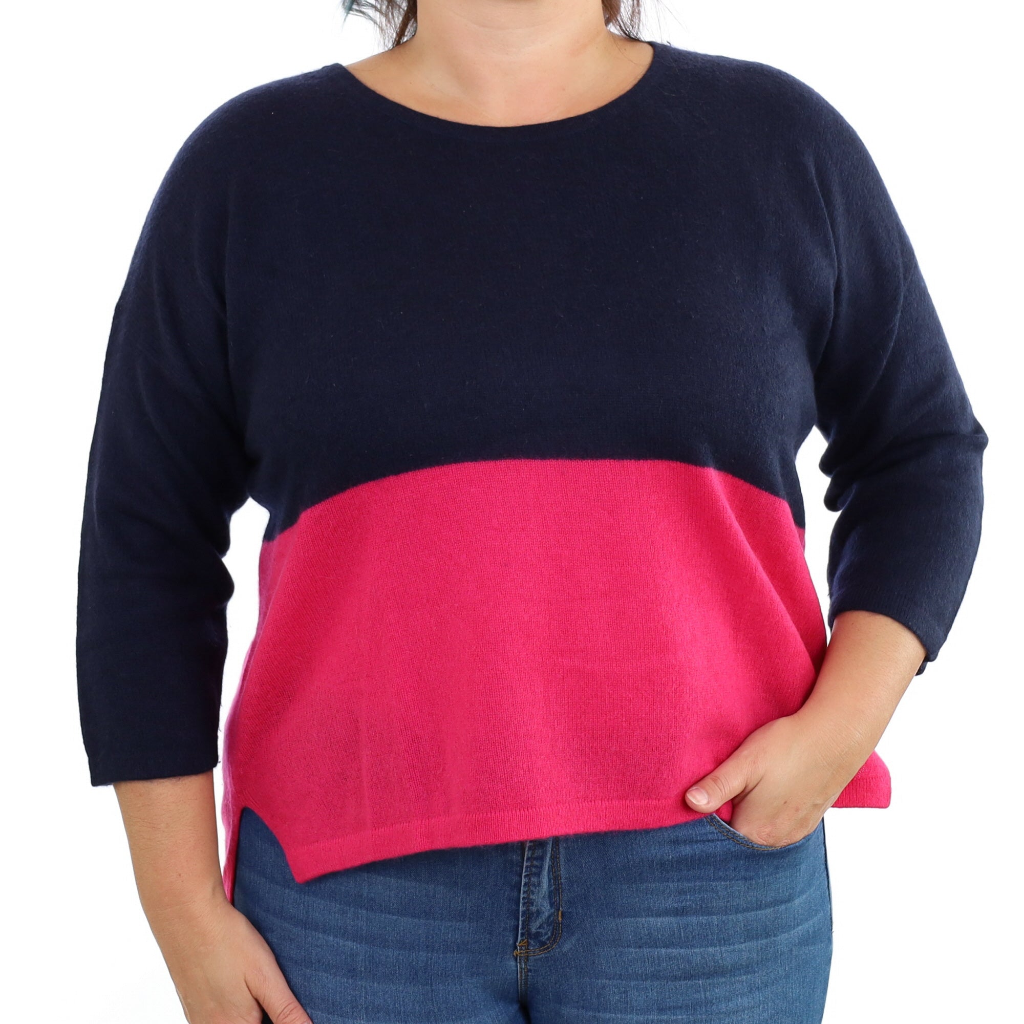 Navy and Hot Pink Cashmere Crew Neck Jumper Large