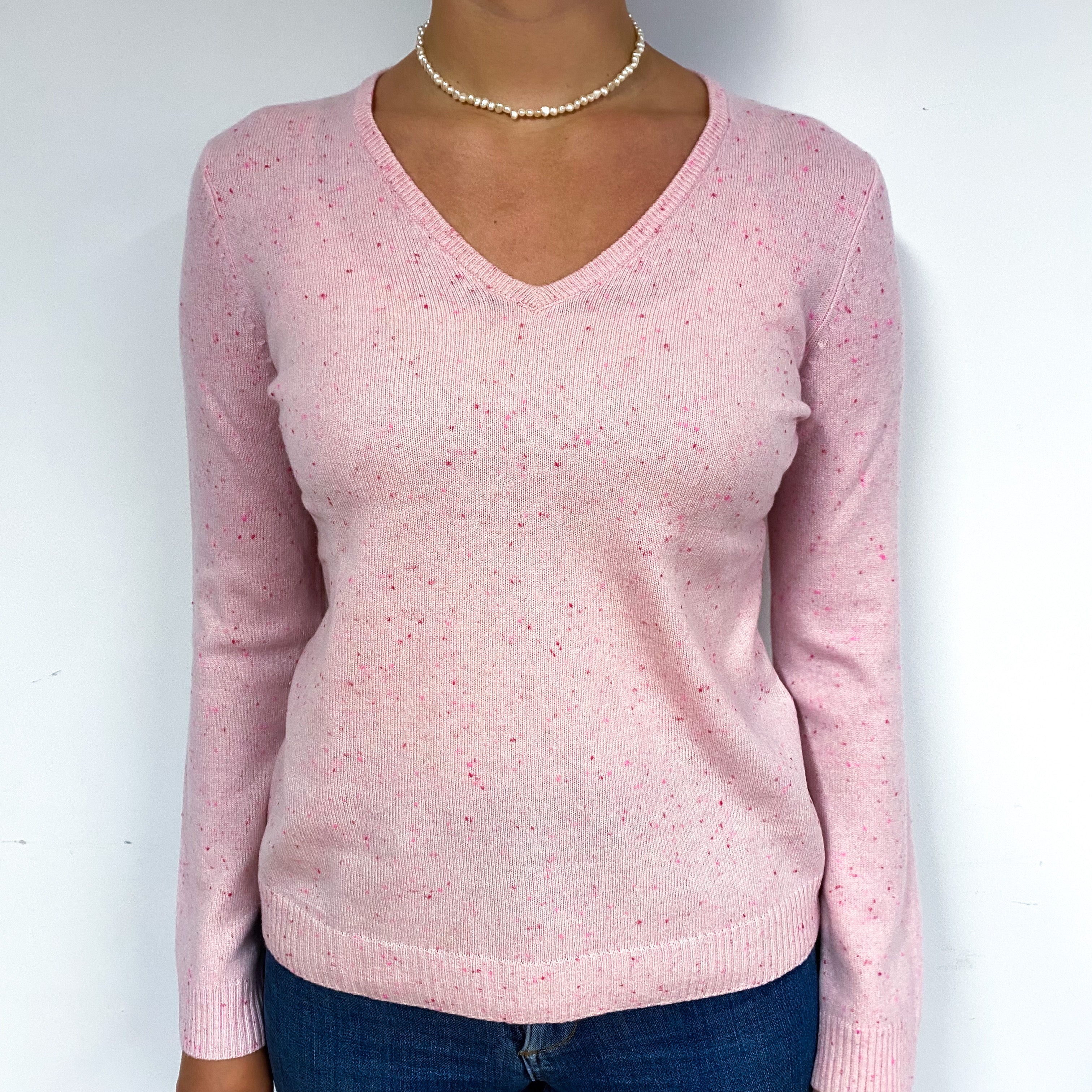 Pale Pink Flecked Cashmere V-Neck Jumper Small