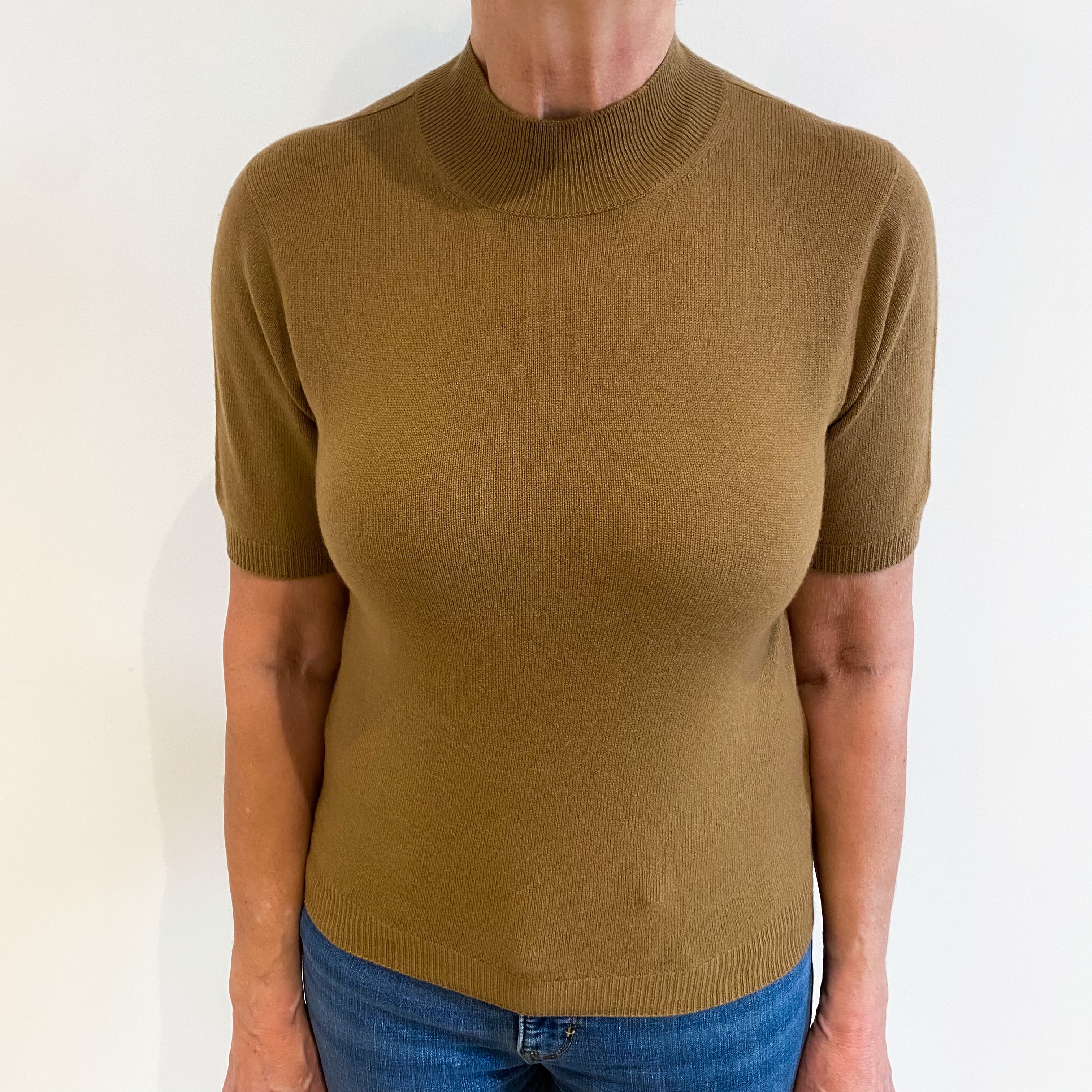 Camel Brown Cashmere Short Sleeved Turtle Neck Jumper Medium