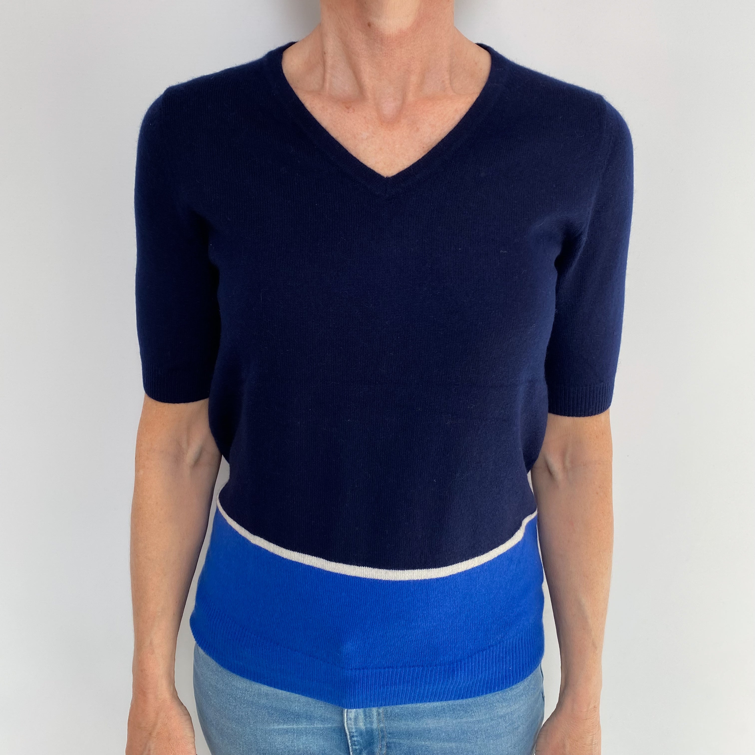 Navy Colour Block Cashmere V Neck Short Sleeved Jumper Small