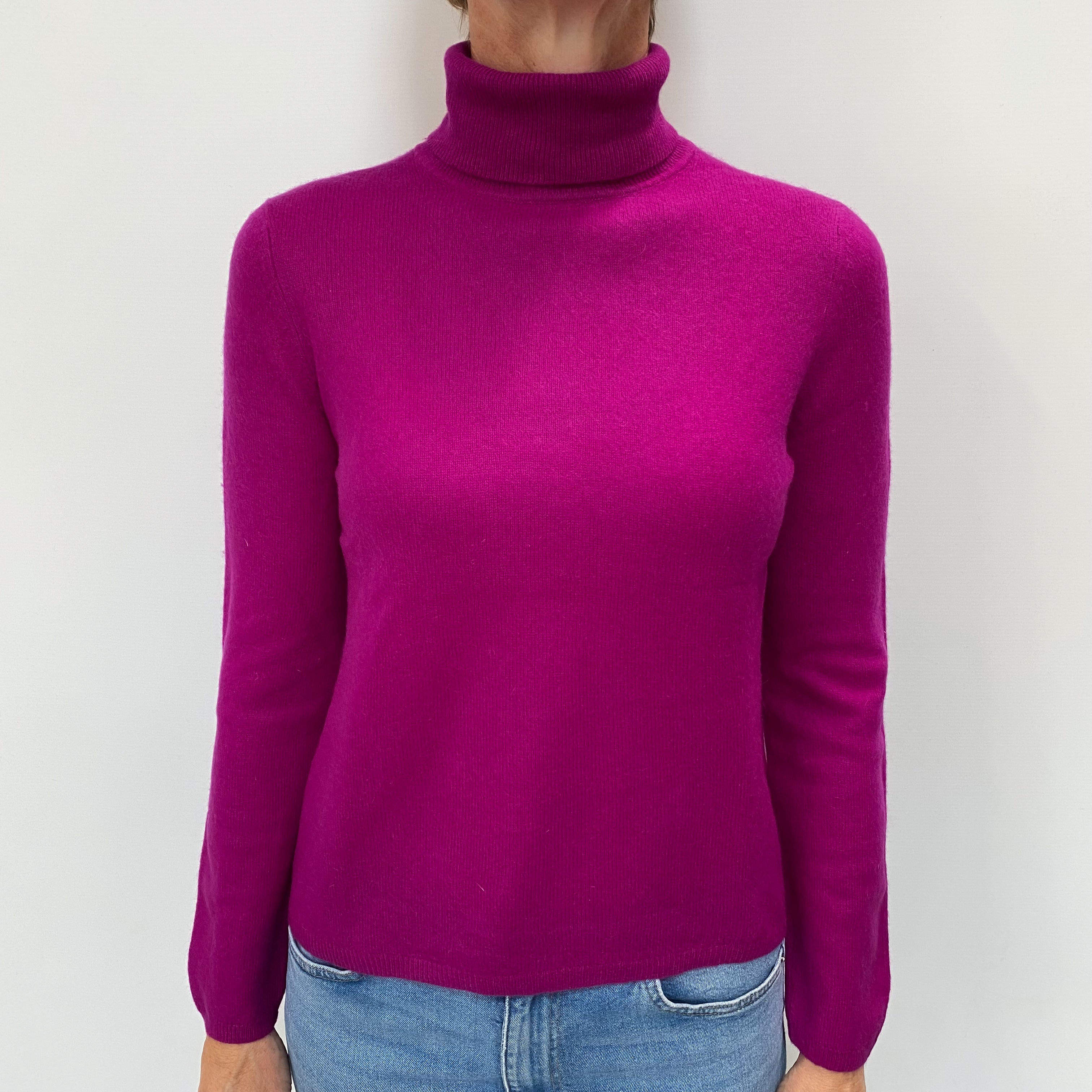 Vibrant Magenta Cashmere Polo Neck Jumper Small