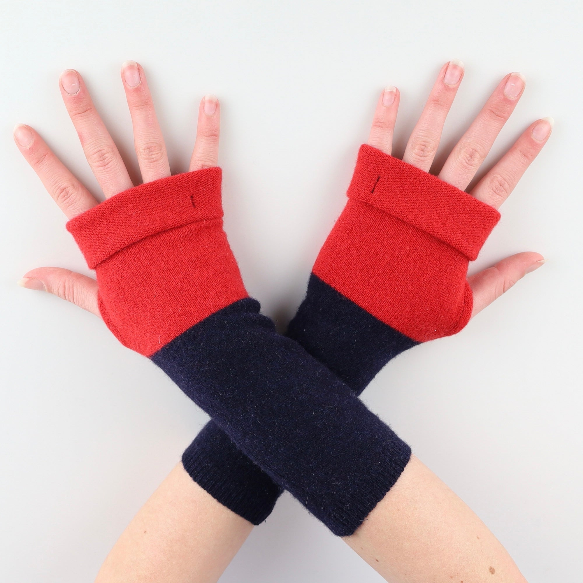 Navy Blue and Red Fingerless Gloves