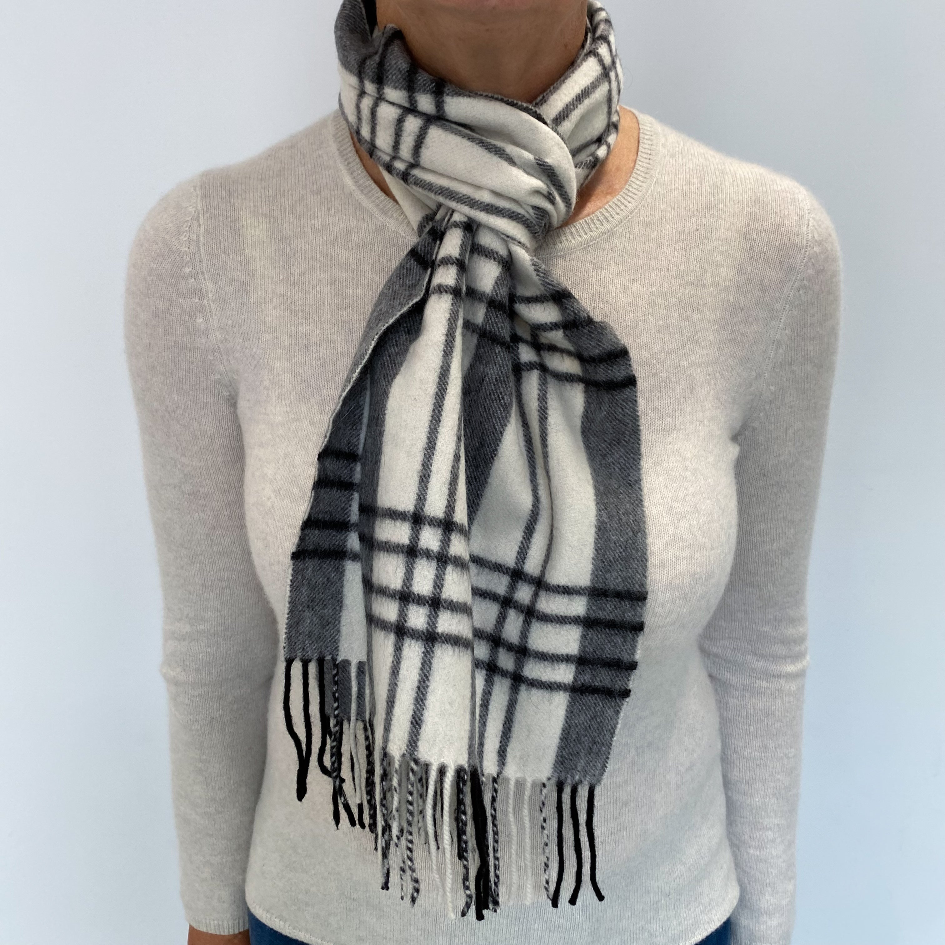 Black and Cream Checked Cashmere Woven Fringed Scarf