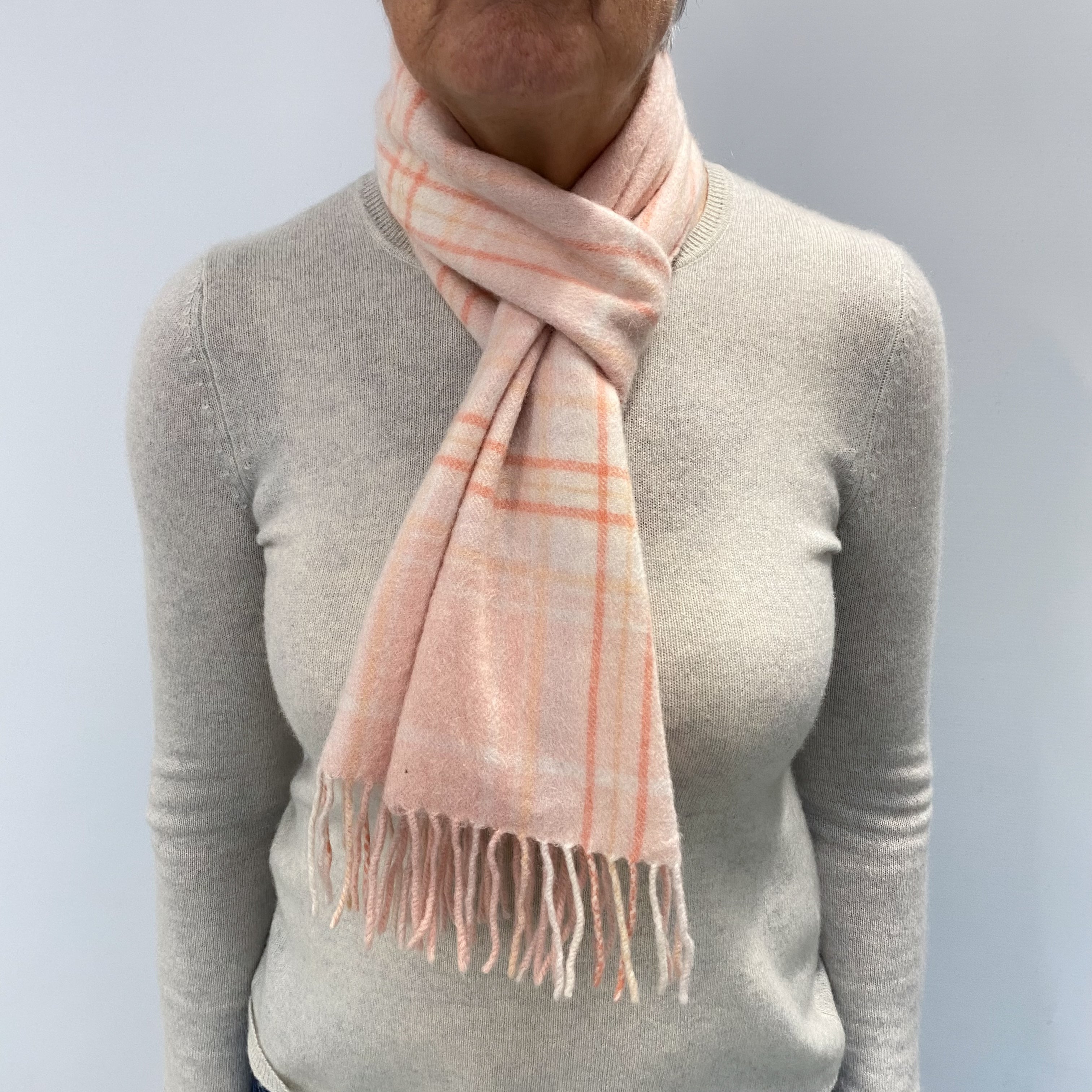 Shell Pink Checked Cashmere Woven Fringed Scarf