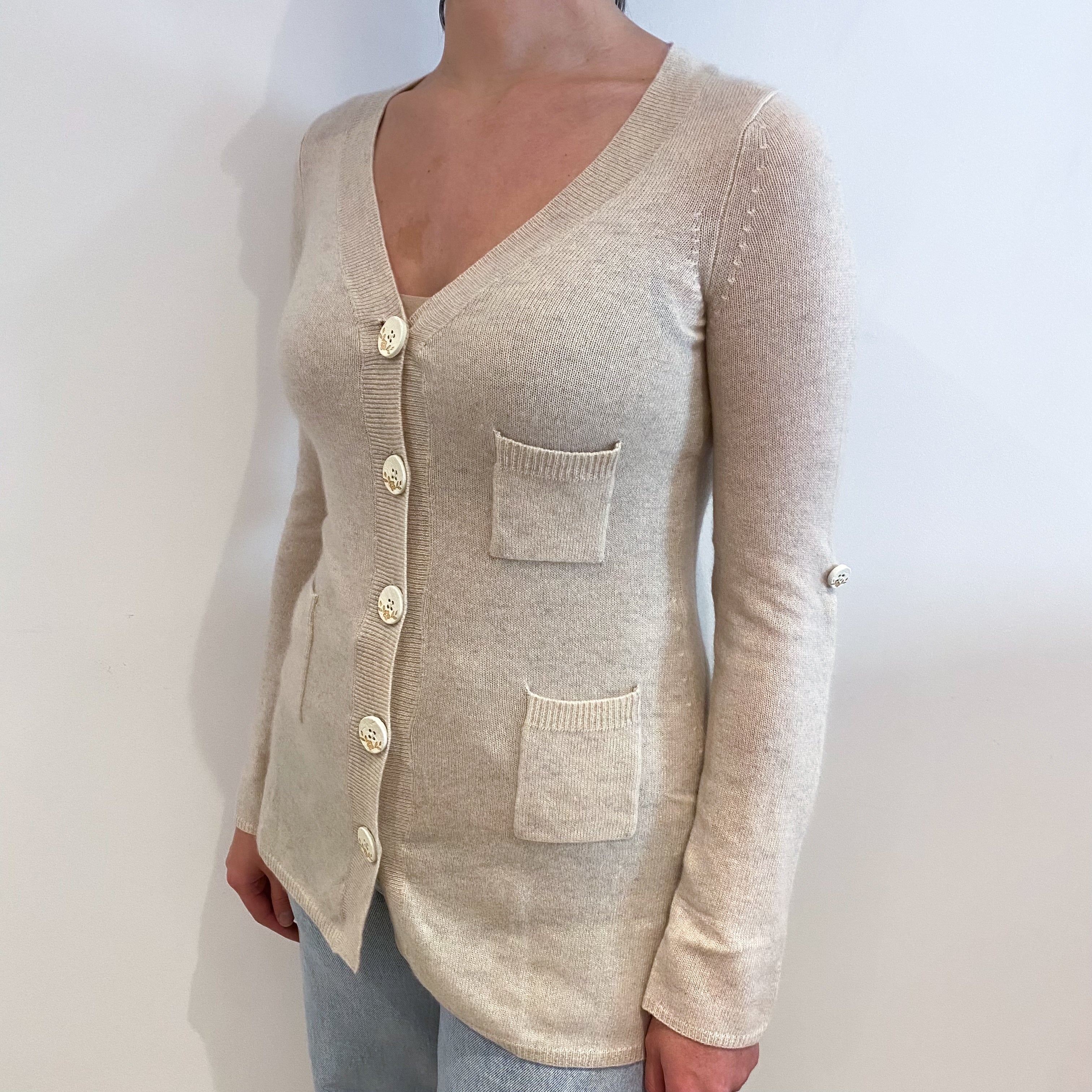 Pale Biscuit Cashmere Longline V Neck Cardigan Small