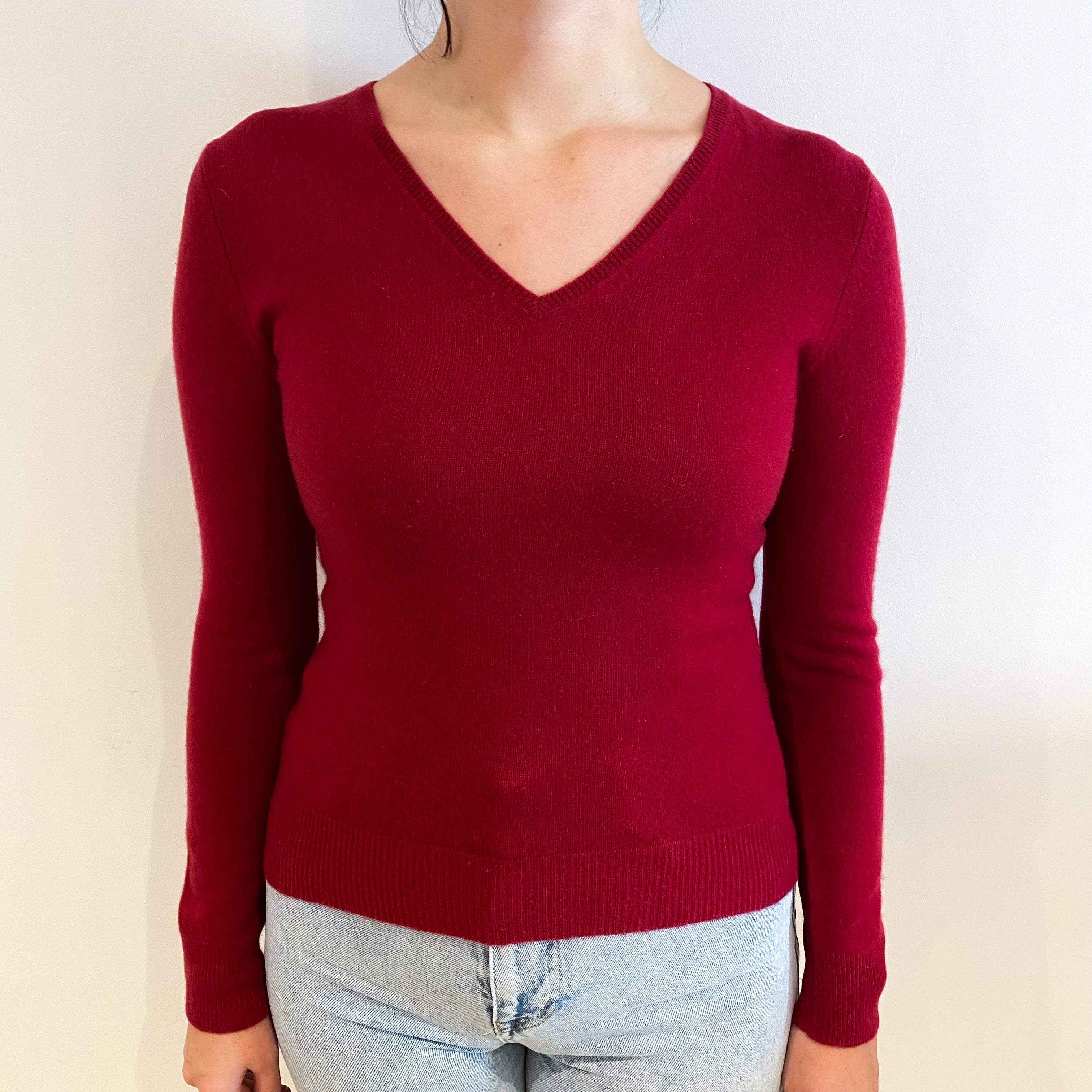 Maroon Red V Neck Cashmere Jumper Small