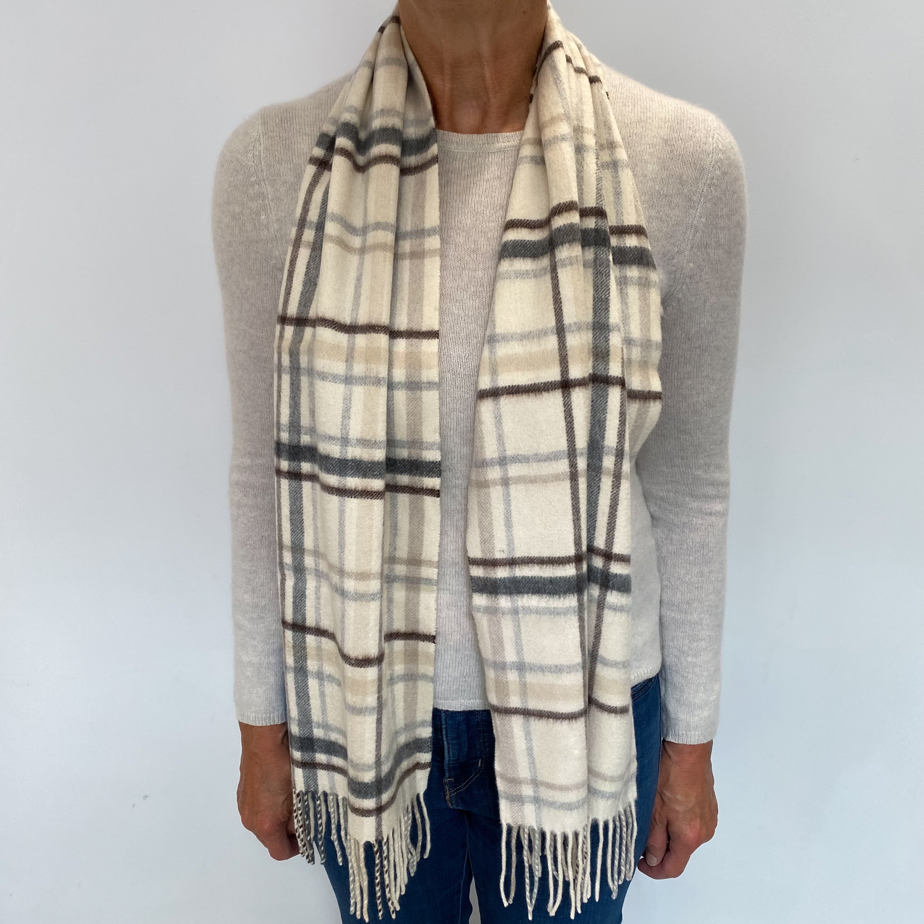 Cream and Brown Checked Cashmere Woven Fringed Scarf