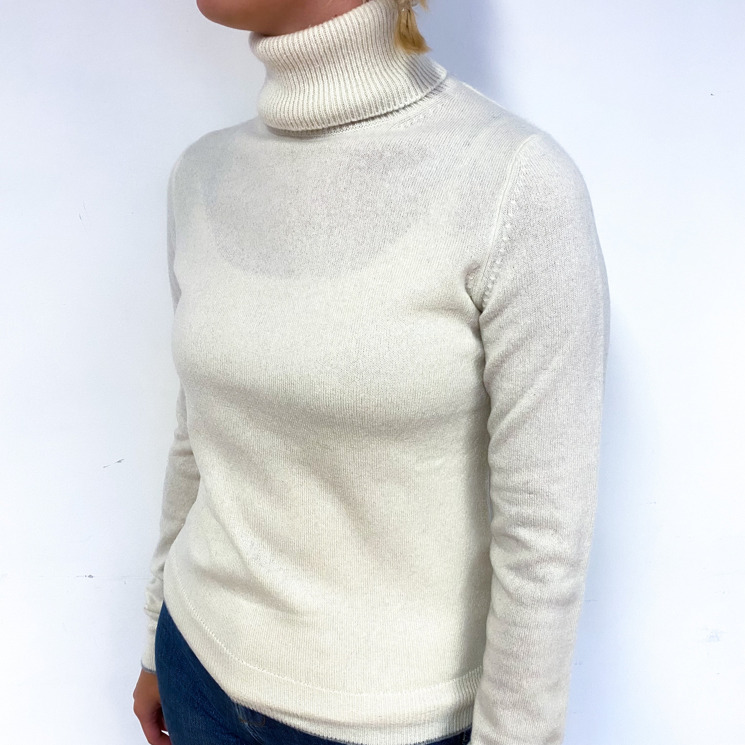 Cream Grey Trim Cashmere Polo Neck Jumper Small