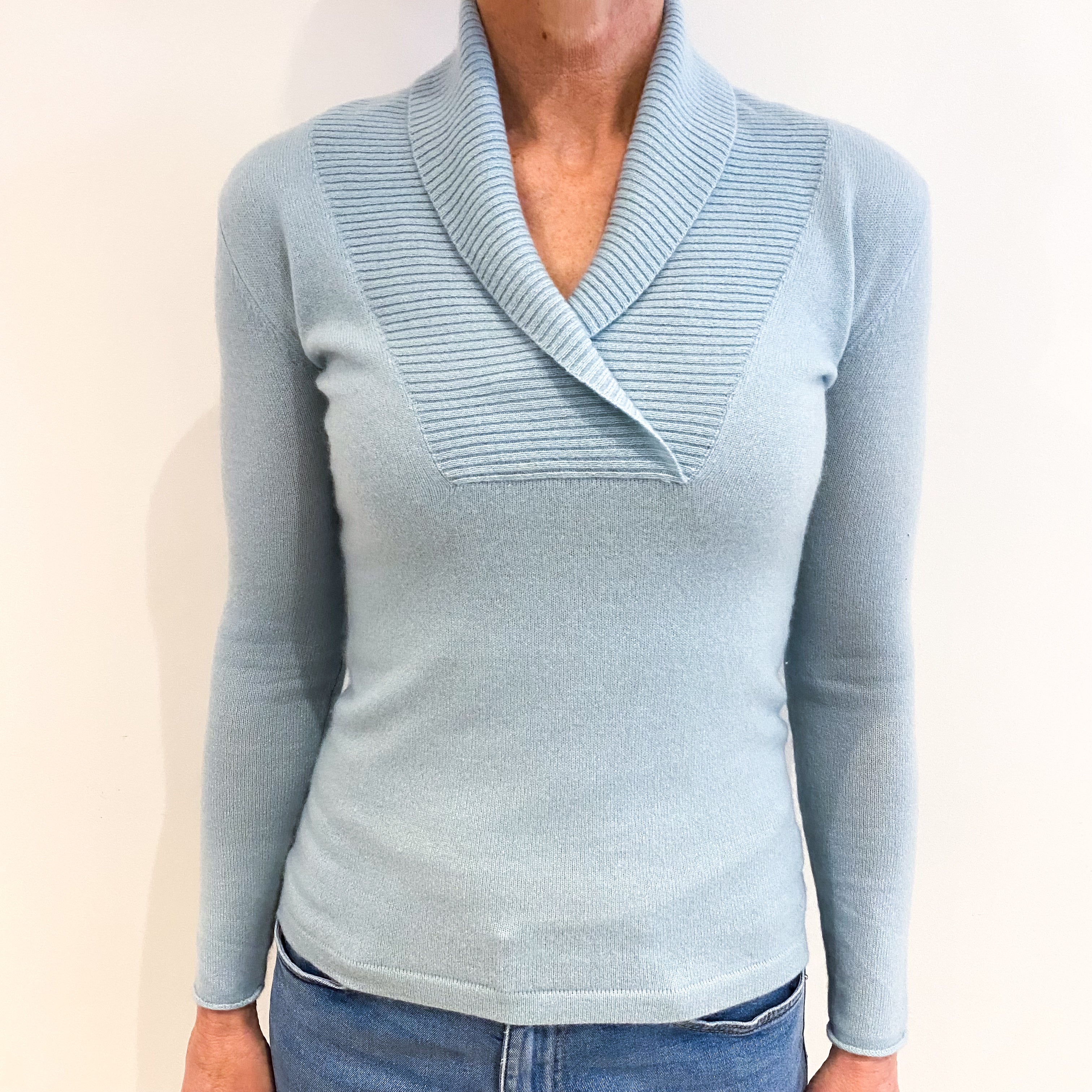 Opal Blue Cashmere Shawl Collar V Neck Jumper Small