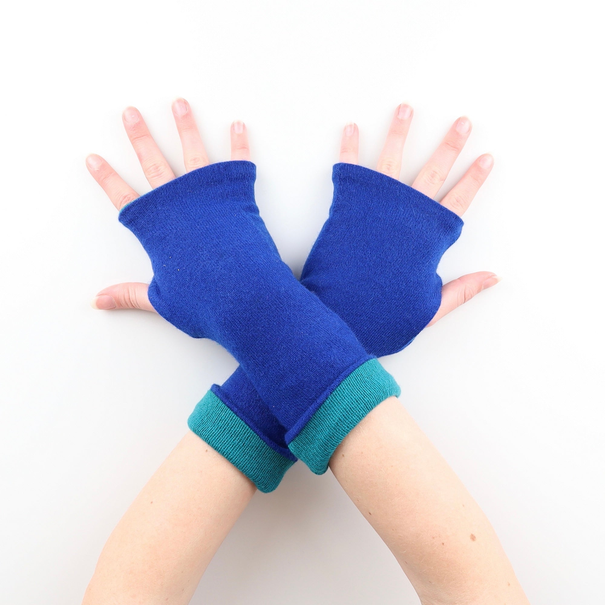 Cobalt Blue and Green Reversible Cashmere Fingerless Gloves