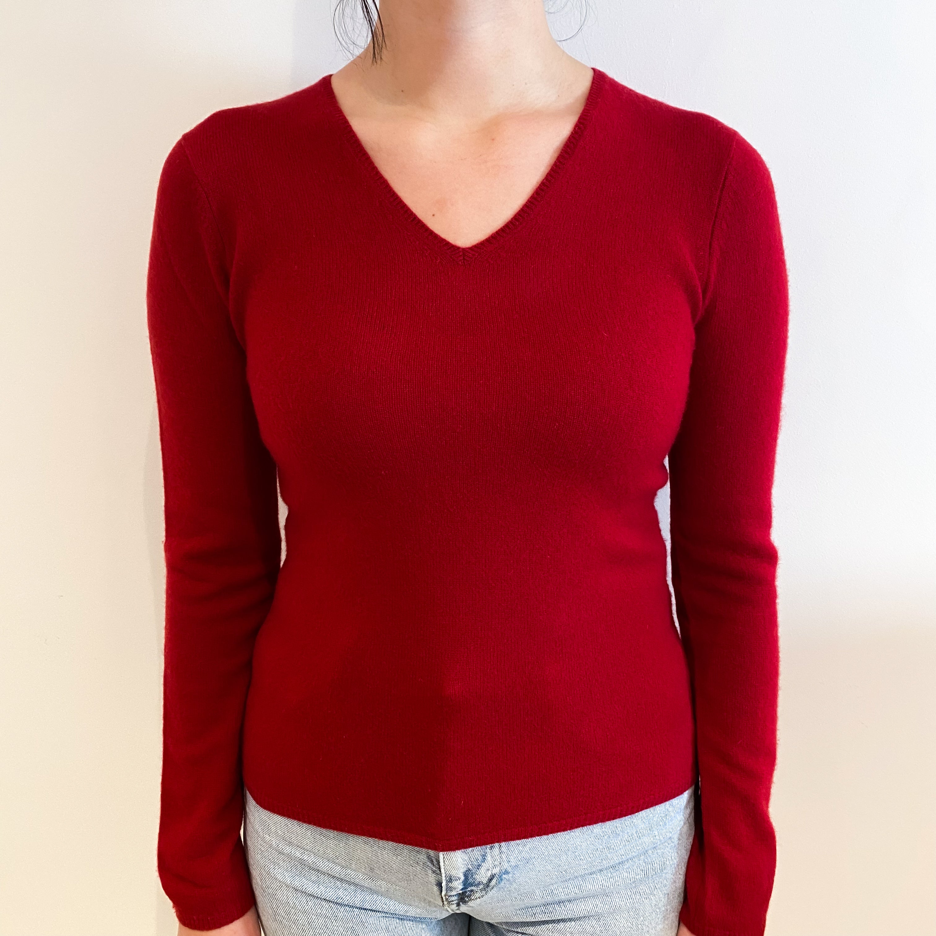 Crimson Red Cashmere V-Neck Jumper Small