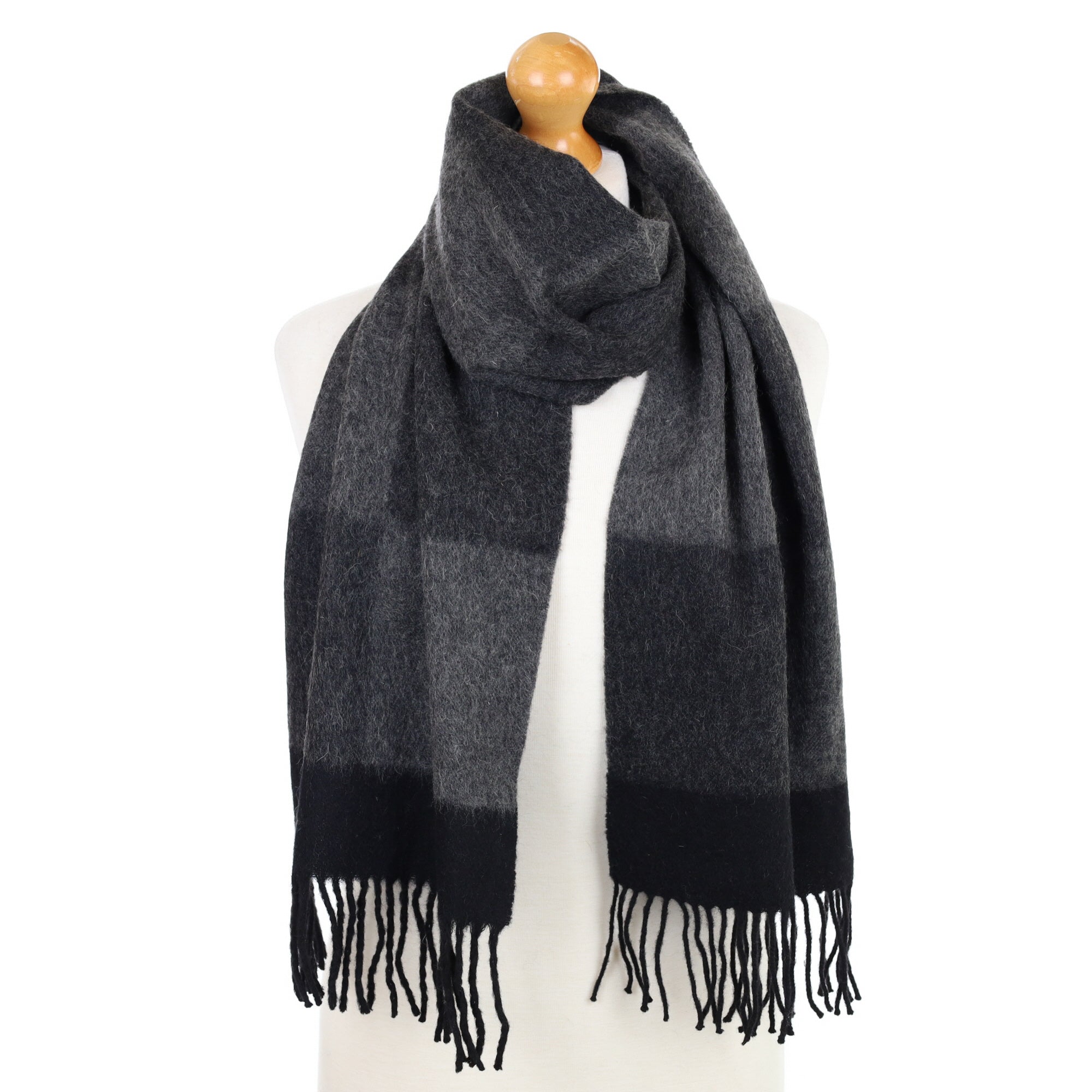 Charcoal Grey Checked Fringed Cashmere Woven Scarf