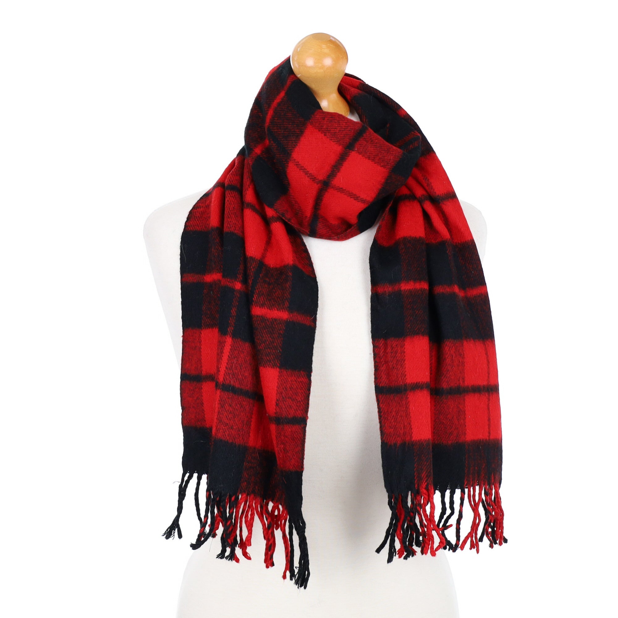 Red and Black Checked Fringed Cashmere Woven Scarf