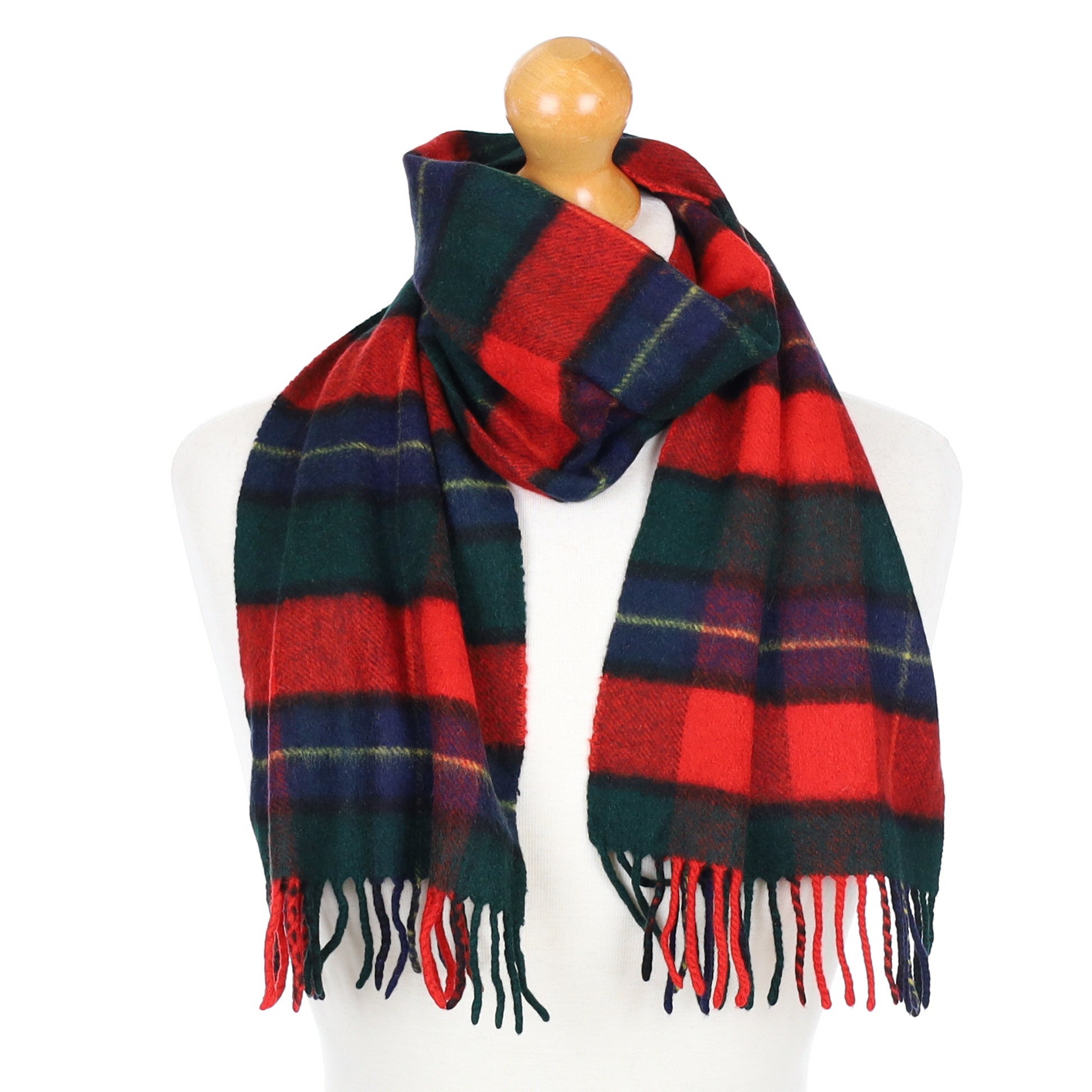 Red and Green Checked Fringed Cashmere Woven Scarf