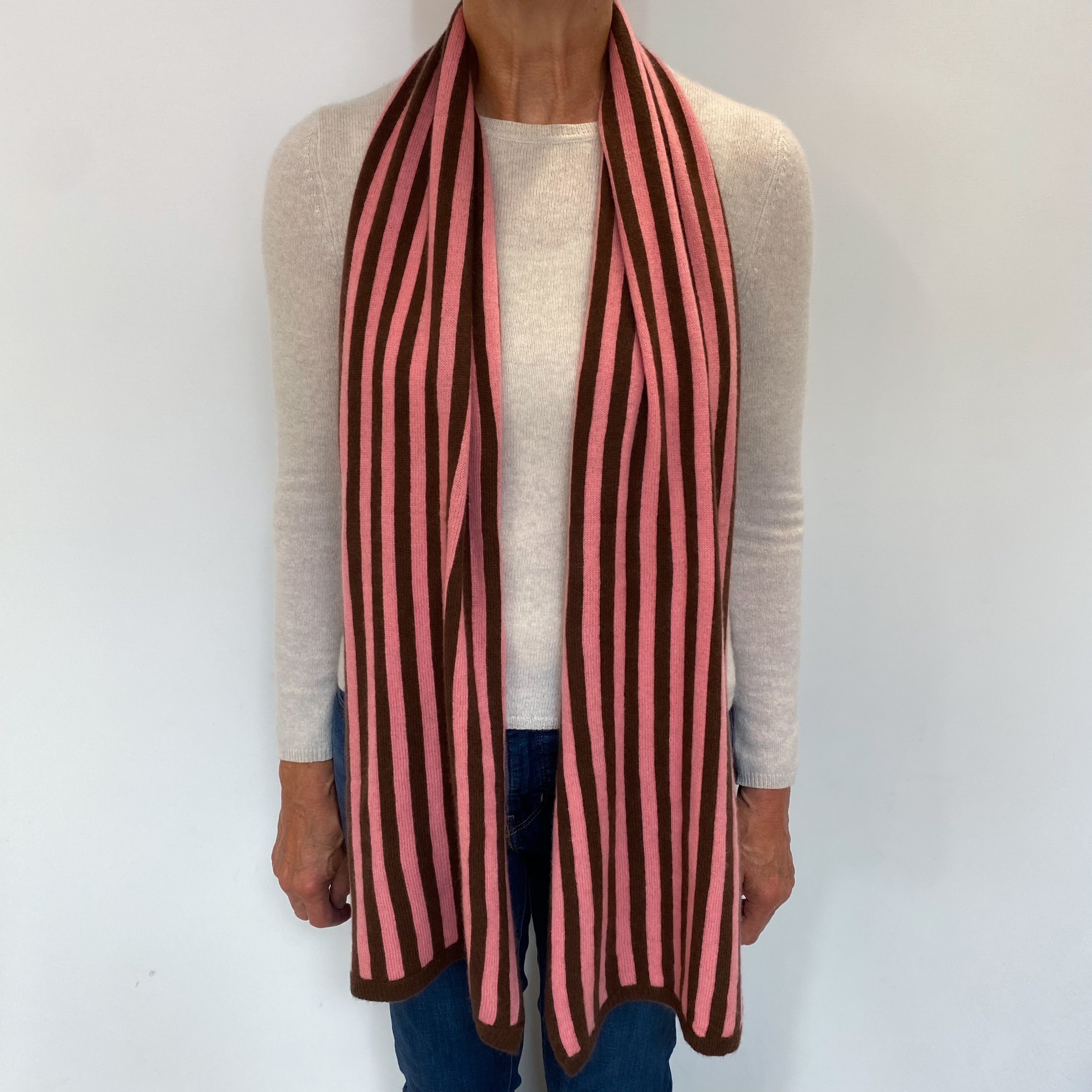 Sugar Mouse Pink and Chocolate Striped Cashmere Woven Scarf