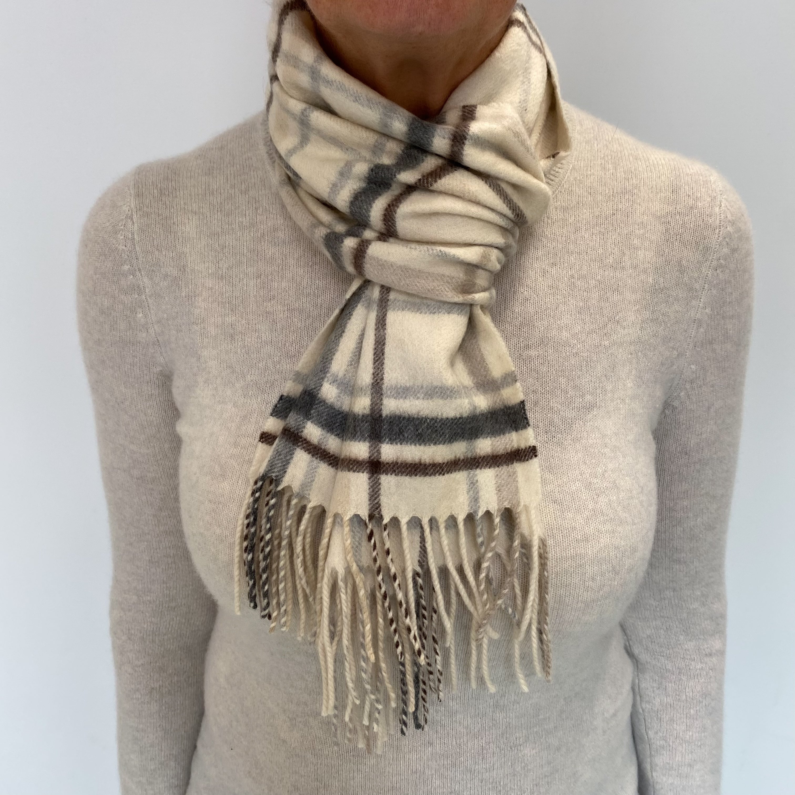 Cream and Brown Checked Cashmere Woven Fringed Scarf