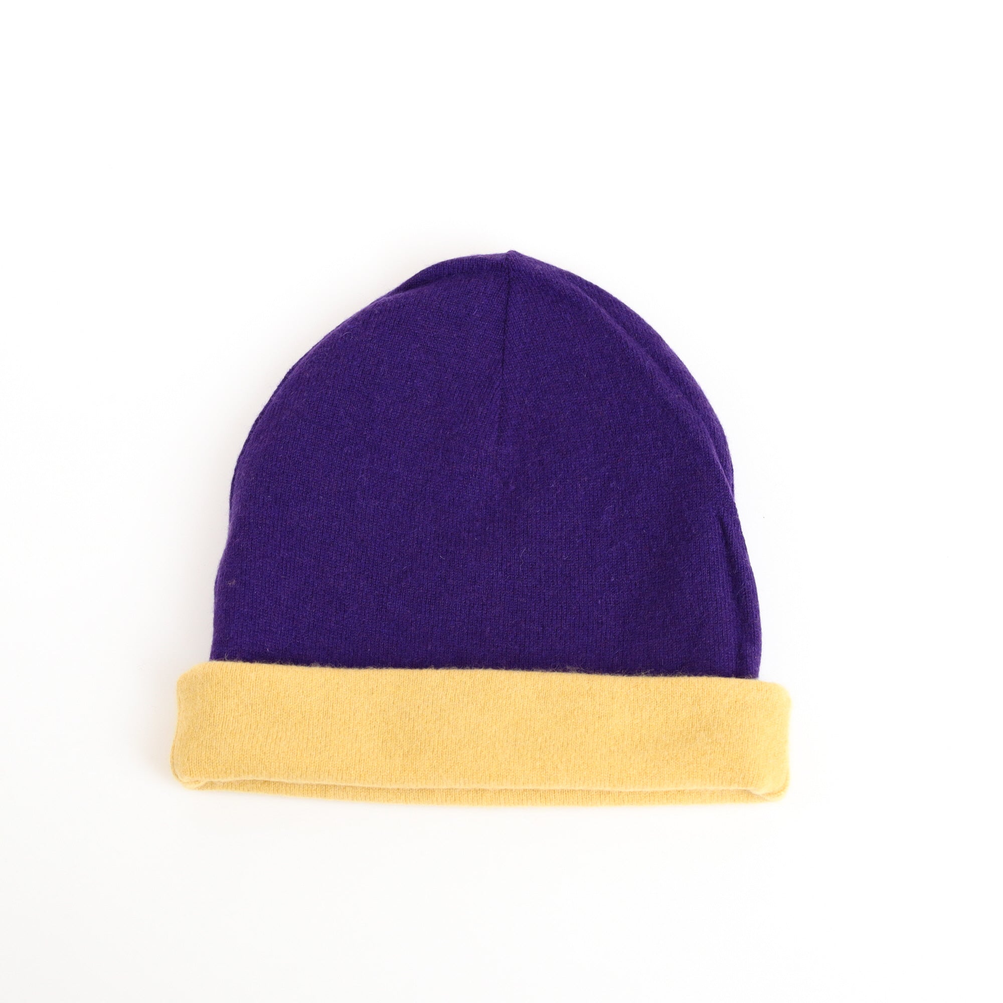 Aubergine Purple and Mustard Reversible Cashmere Beanie Hat