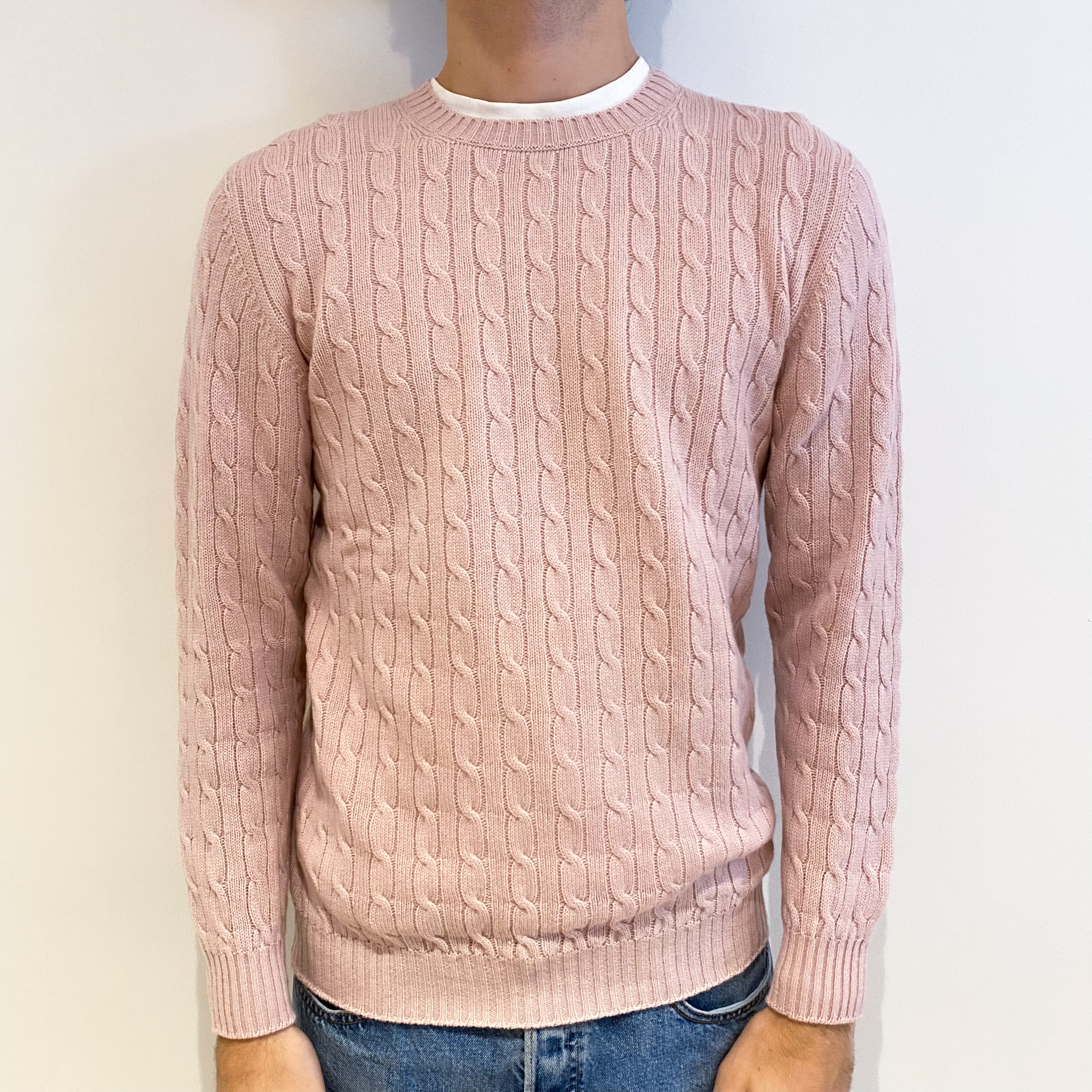 Men’s Brand New Scottish Ice Pink Cable Crew Neck Jumper Large