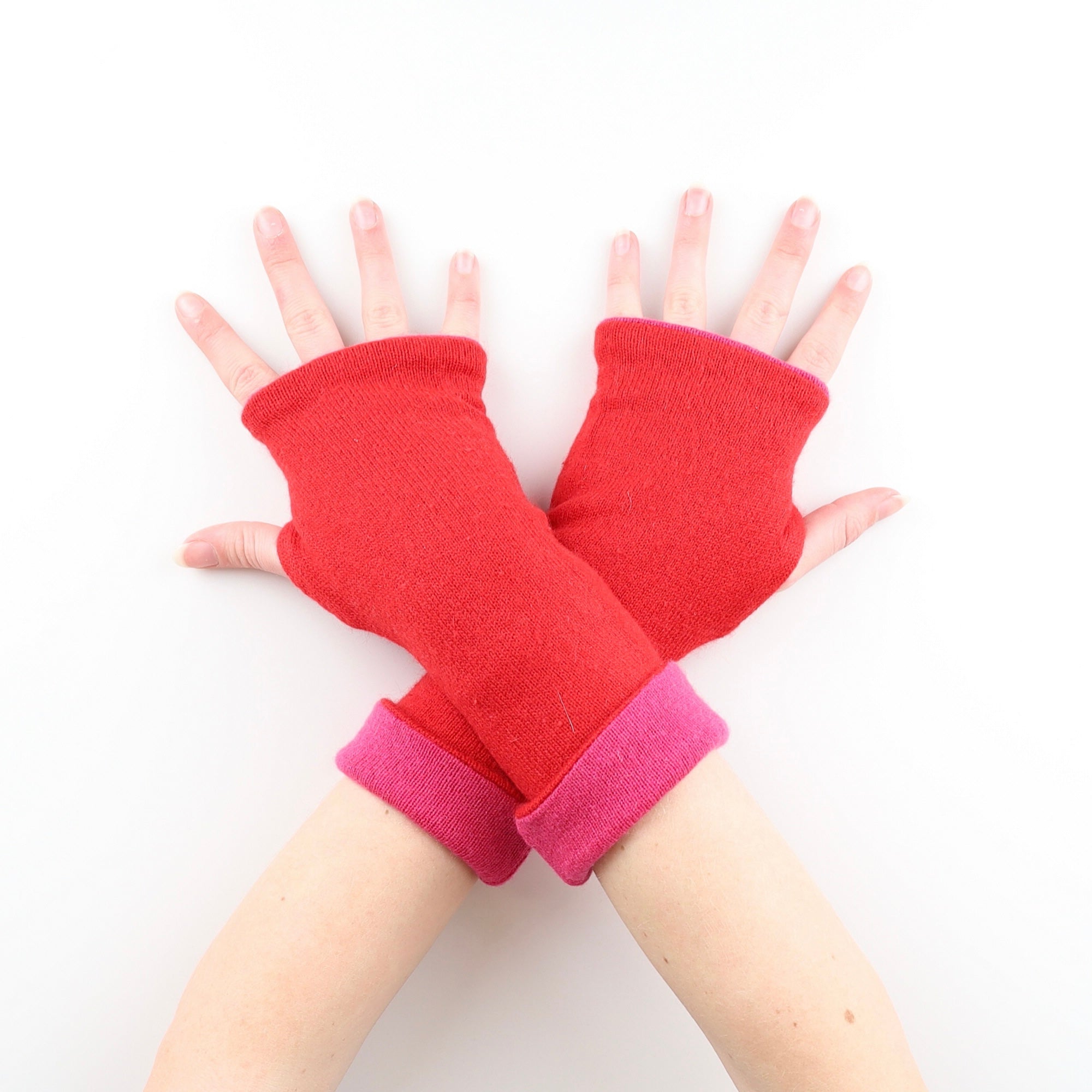 Post Box Red and Pink Reversible Cashmere Fingerless Gloves