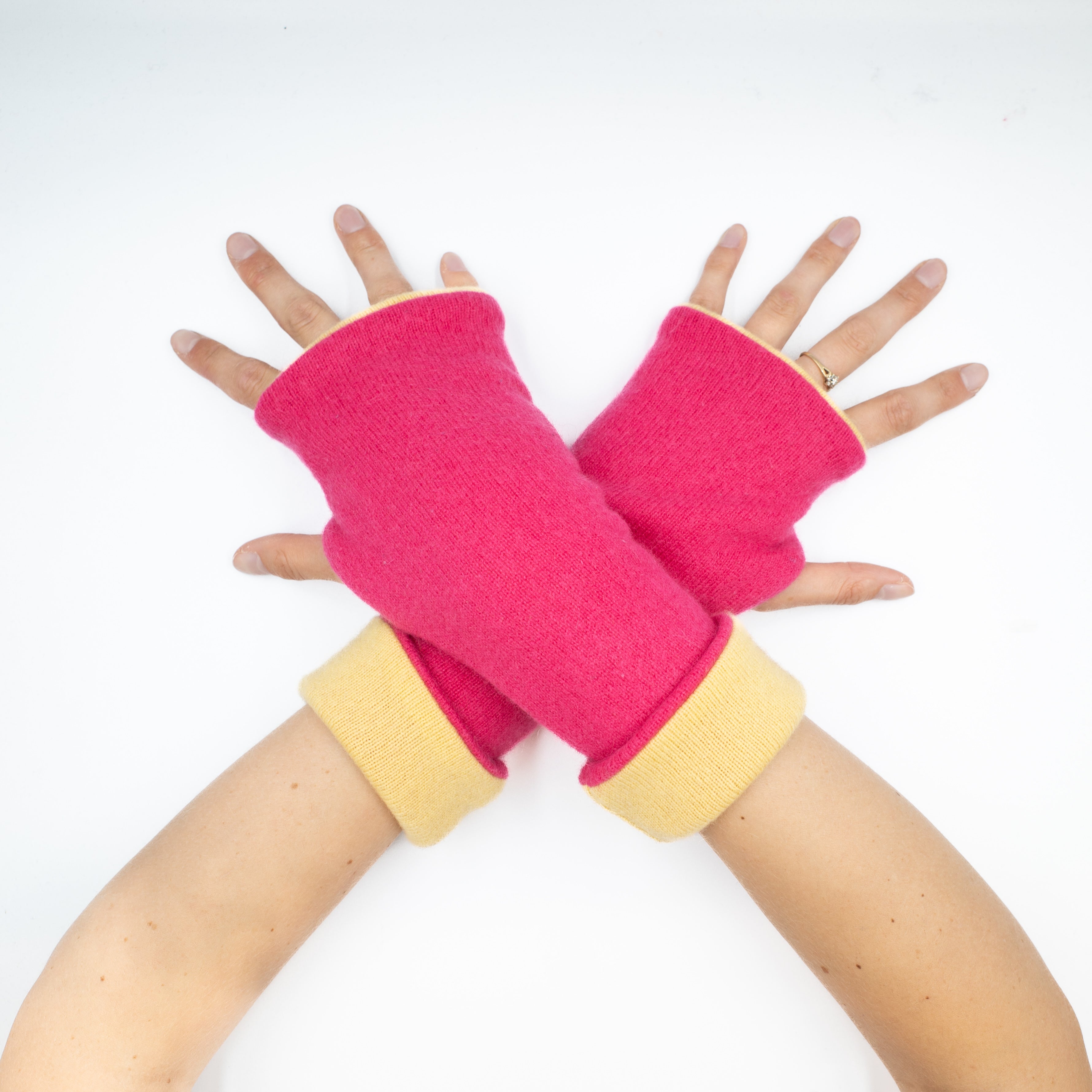 Hot Pink and Primrose Yellow Reversible Fingerless Gloves