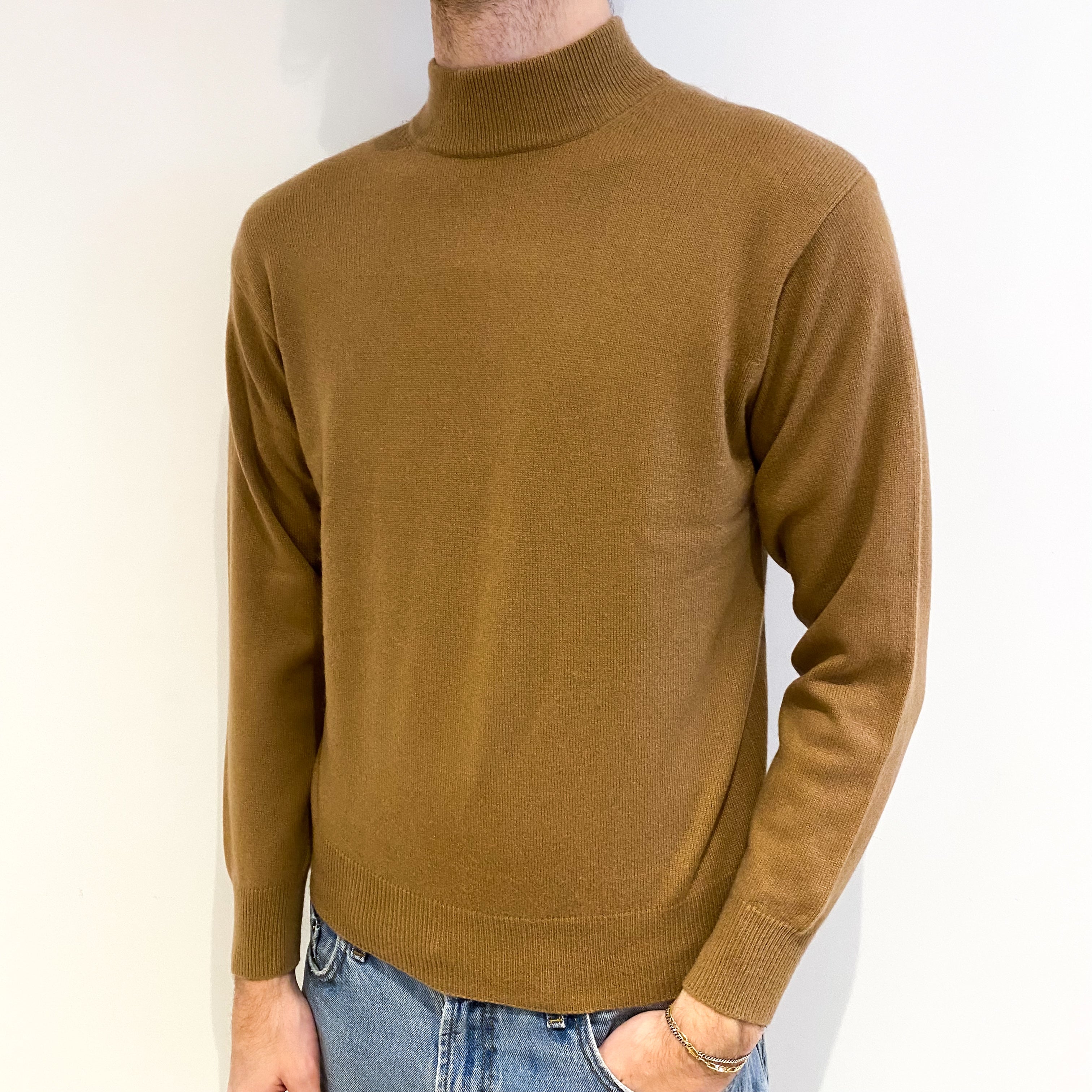 Men's Camel Brown Cashmere Turtle Neck Jumper Medium