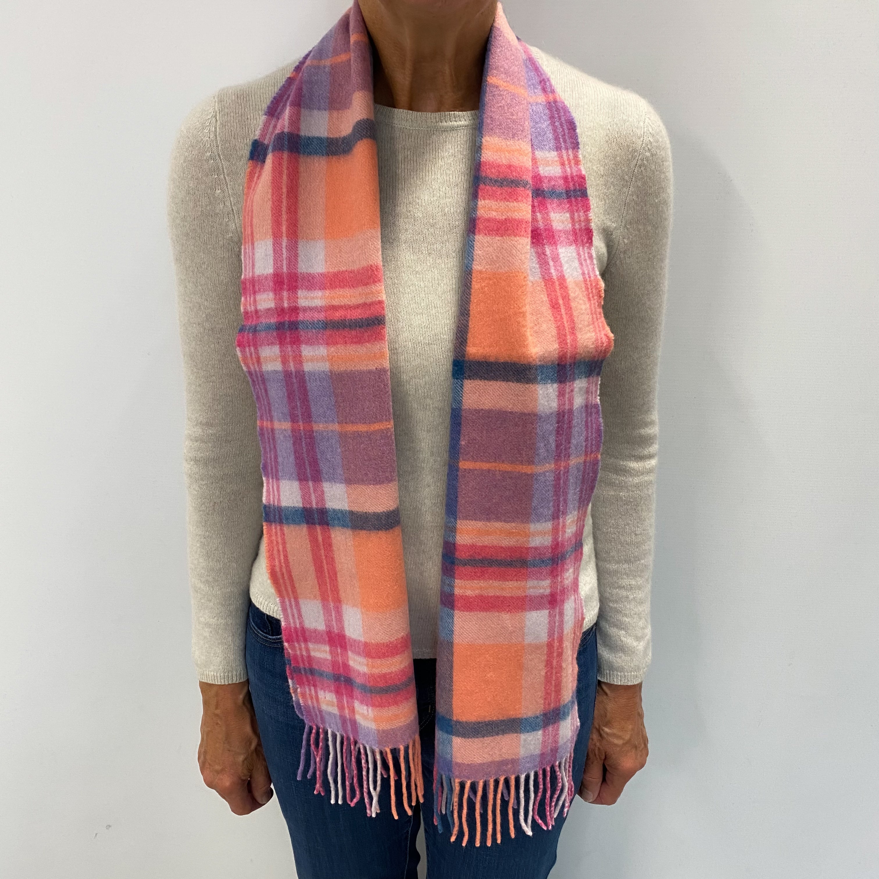 Lavender Coral Fuchsia Checked Cashmere Woven Fringed Scarf