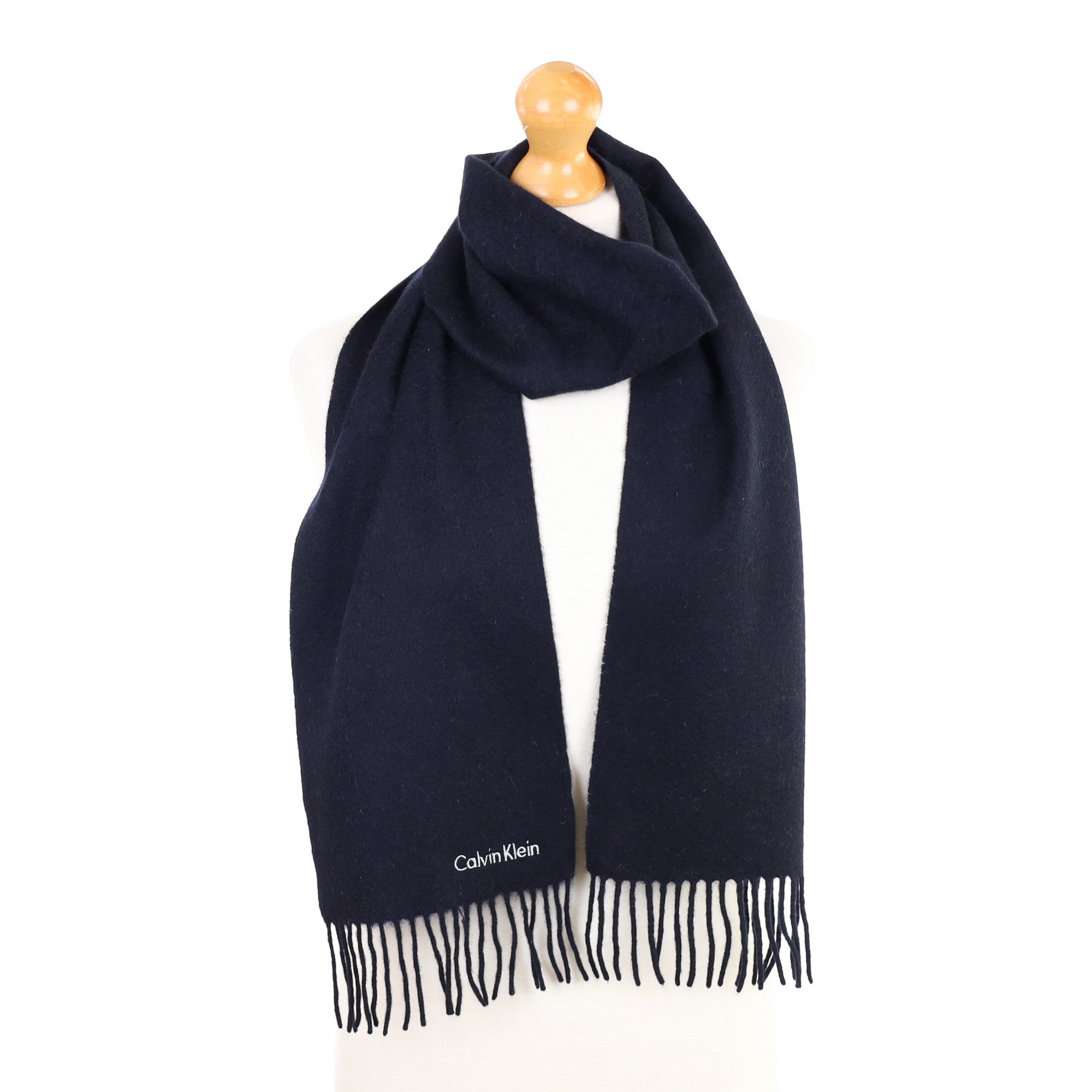 Calvin Klein Navy Fringed Cashmere Woven Scarf