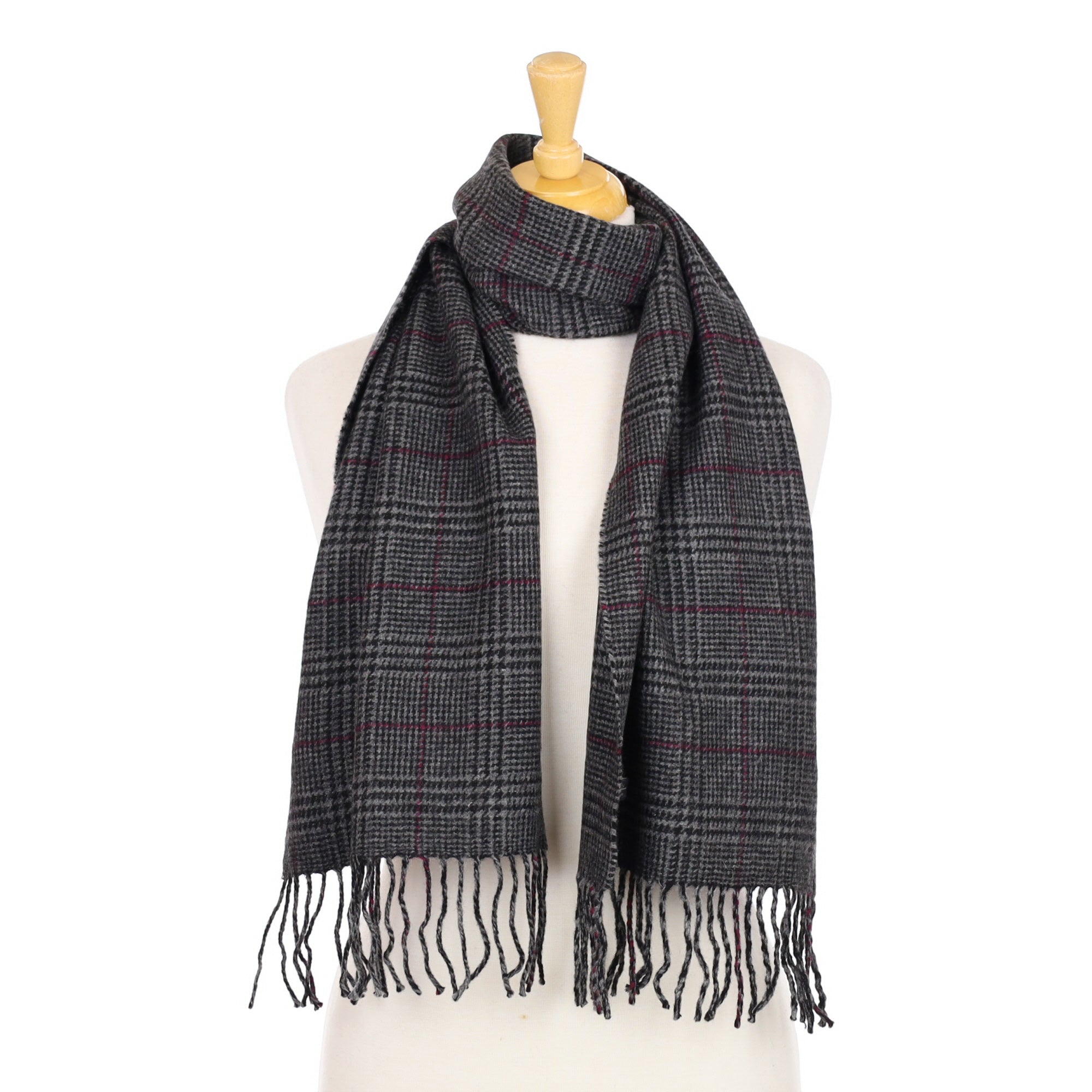 Grey and Burgundy Checked Cashmere Woven Scarf