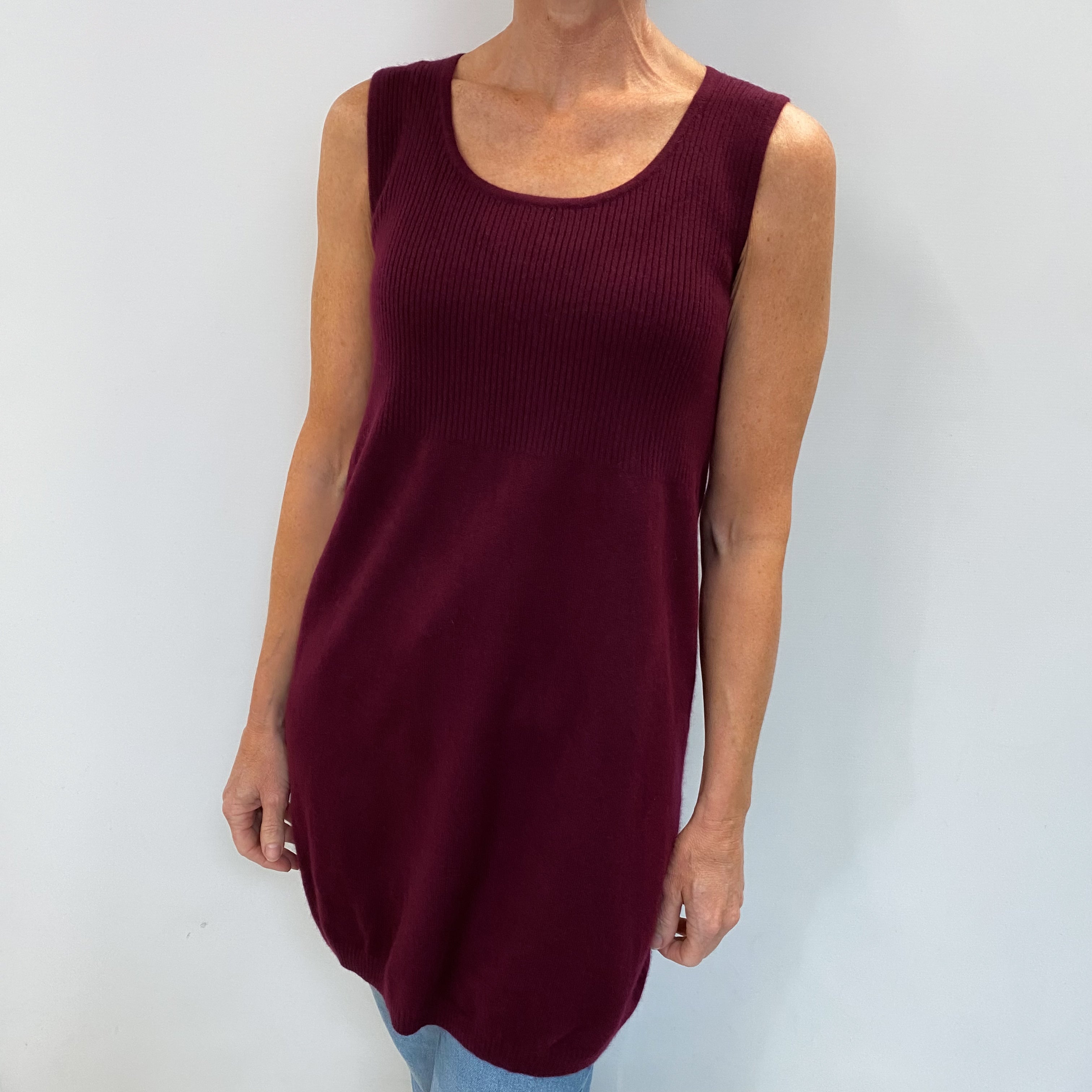 Wine Red Cashmere Scoop Neck Sleeveless Tunic Jumper Small