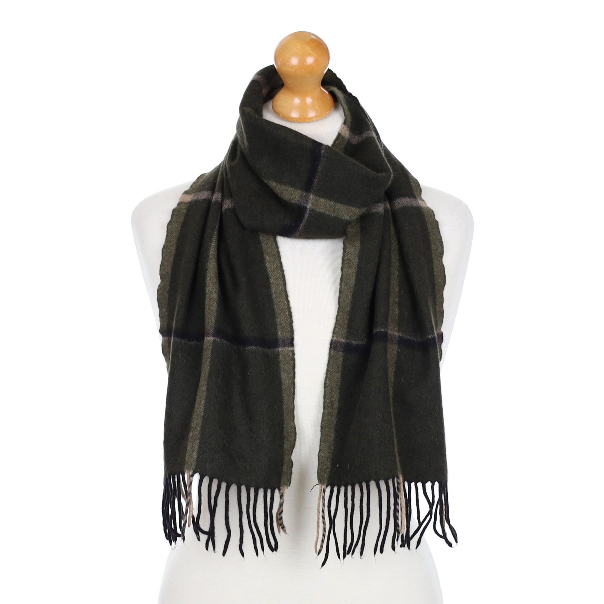 Green Checked Fringed Cashmere Woven Scarf