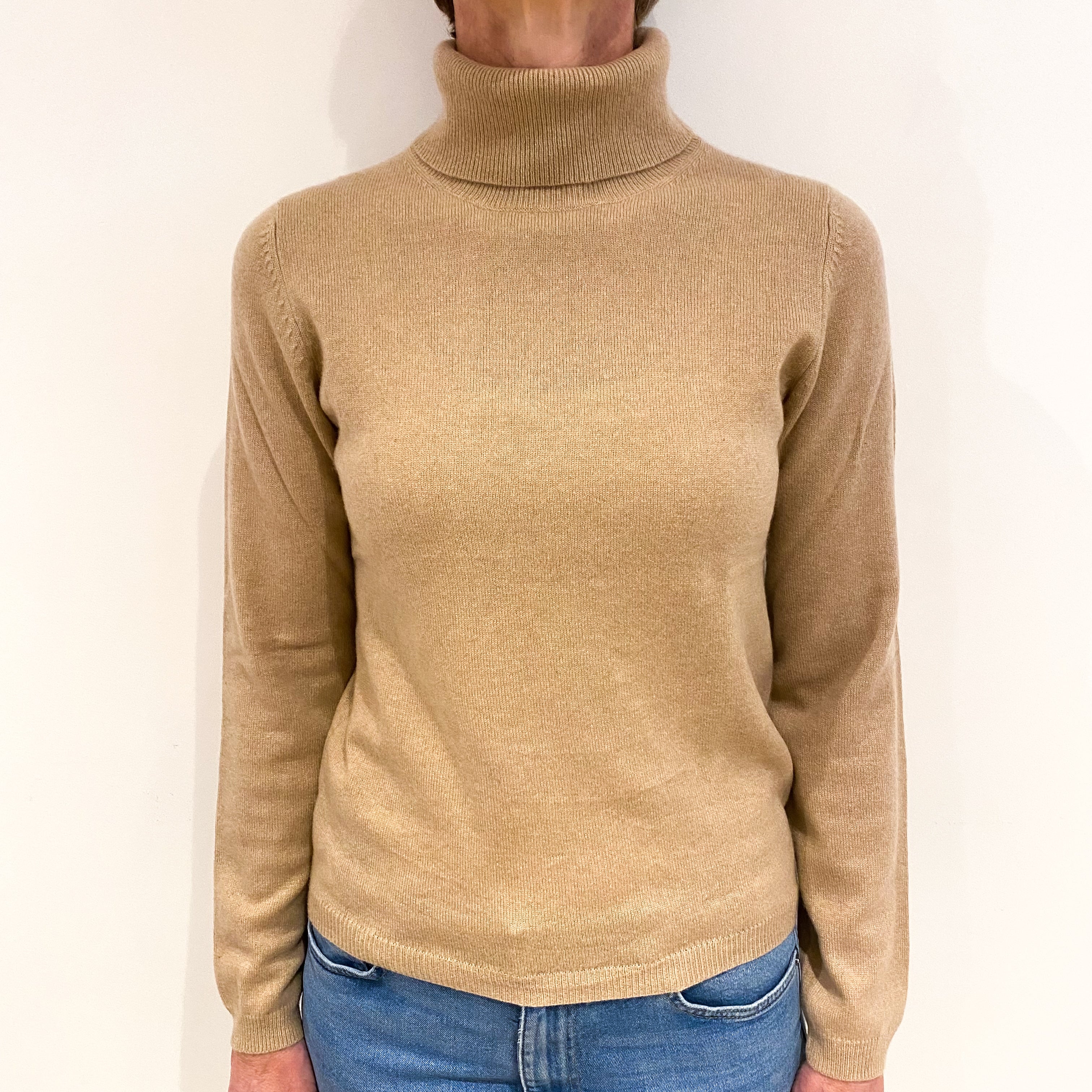 Buff Beige Cashmere Polo Neck Jumper Small