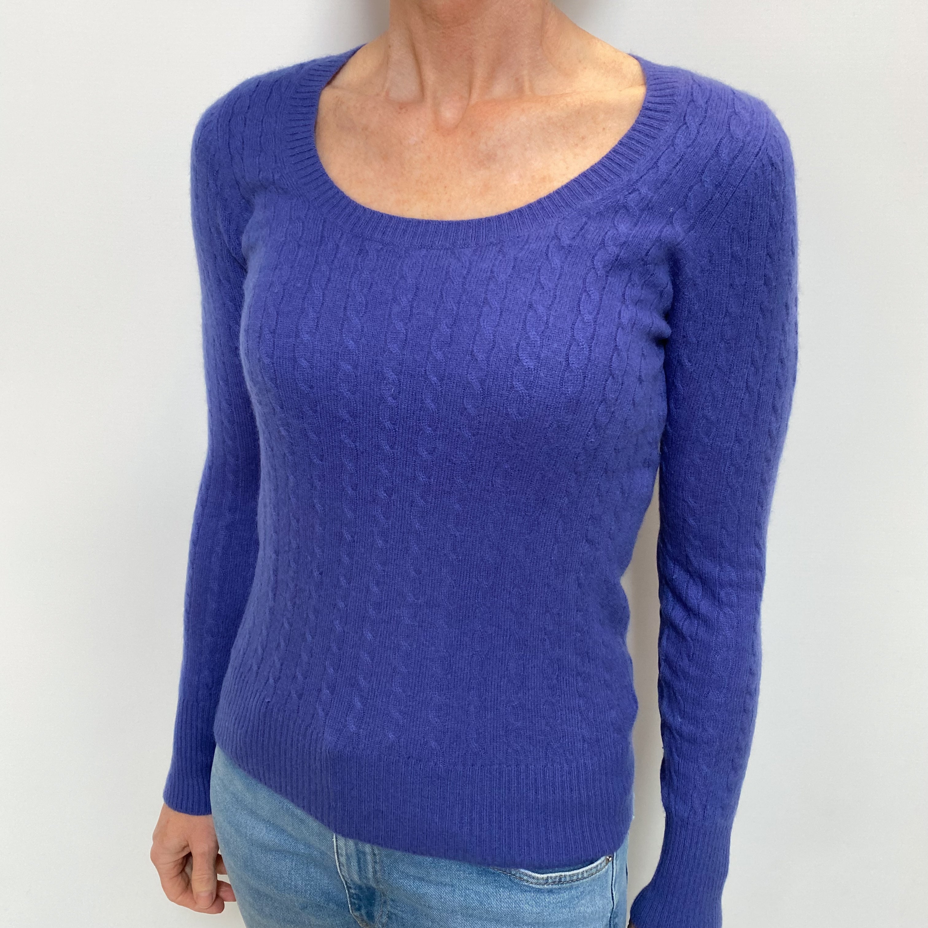 Blue Purple Cable Cashmere Scoop Neck Jumper Small