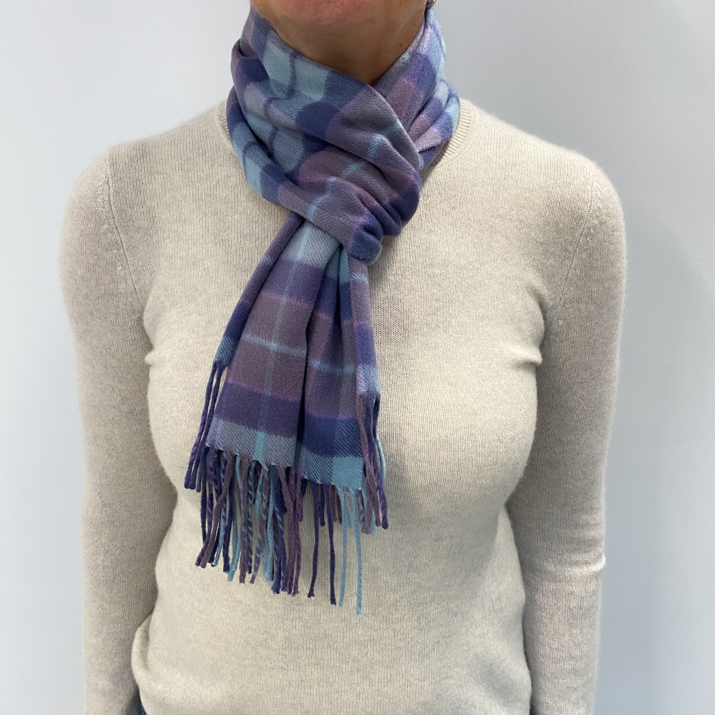 Purple and Blue Checked Cashmere Woven Fringed Scarf