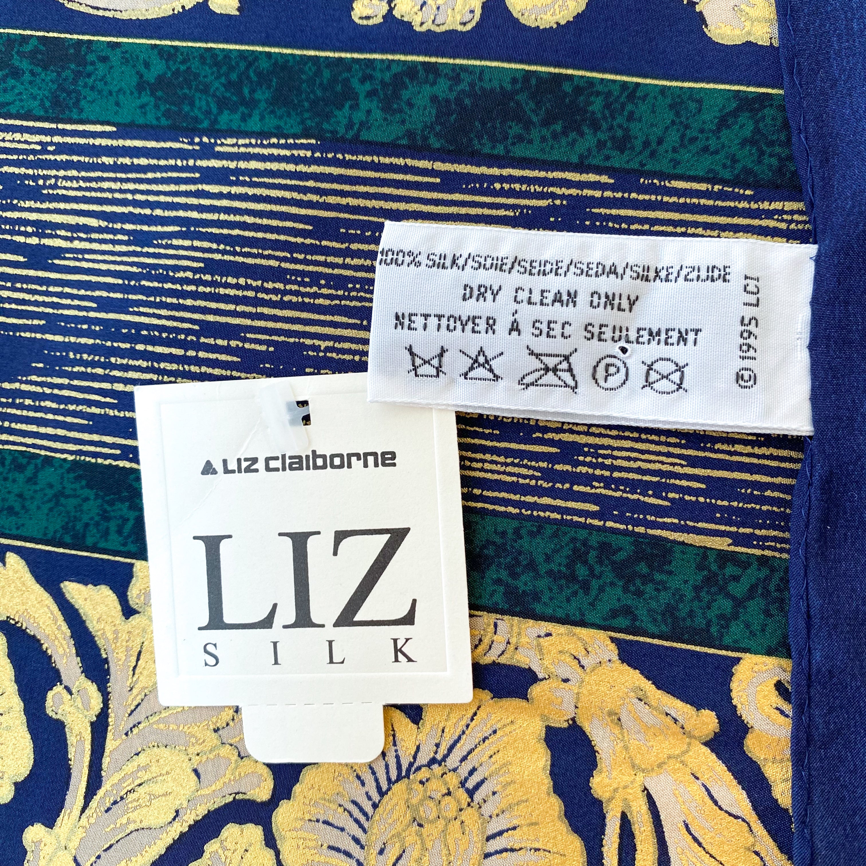 Liz Claiborne Navy Gold Green Silk Scarf