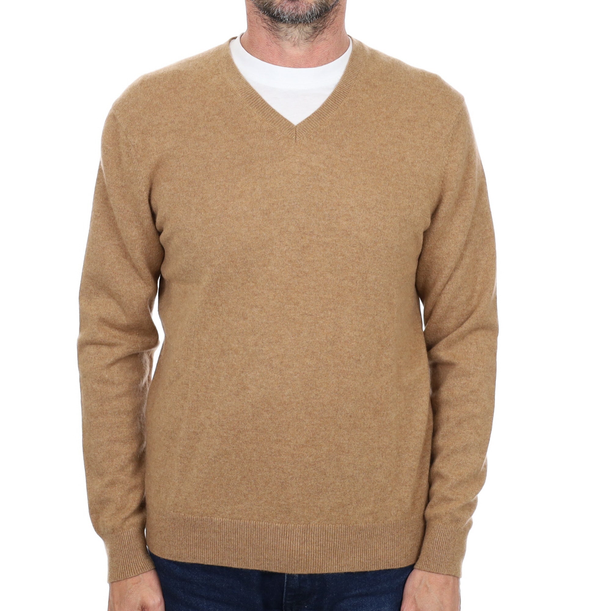 Men's Butterscotch Brown Cashmere V Neck Jumper Small