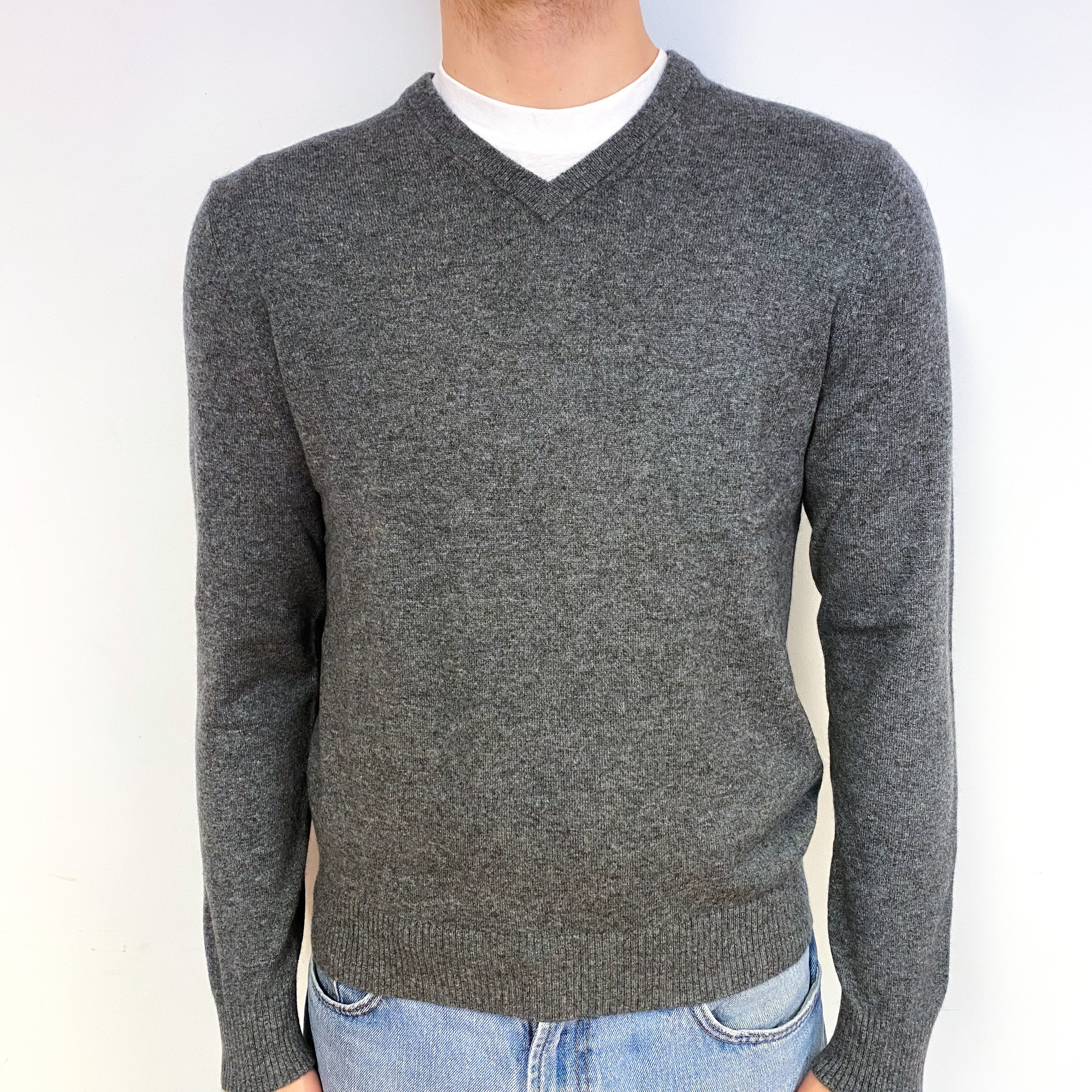 Men's Slate Grey Cashmere V-Neck Jumper Medium