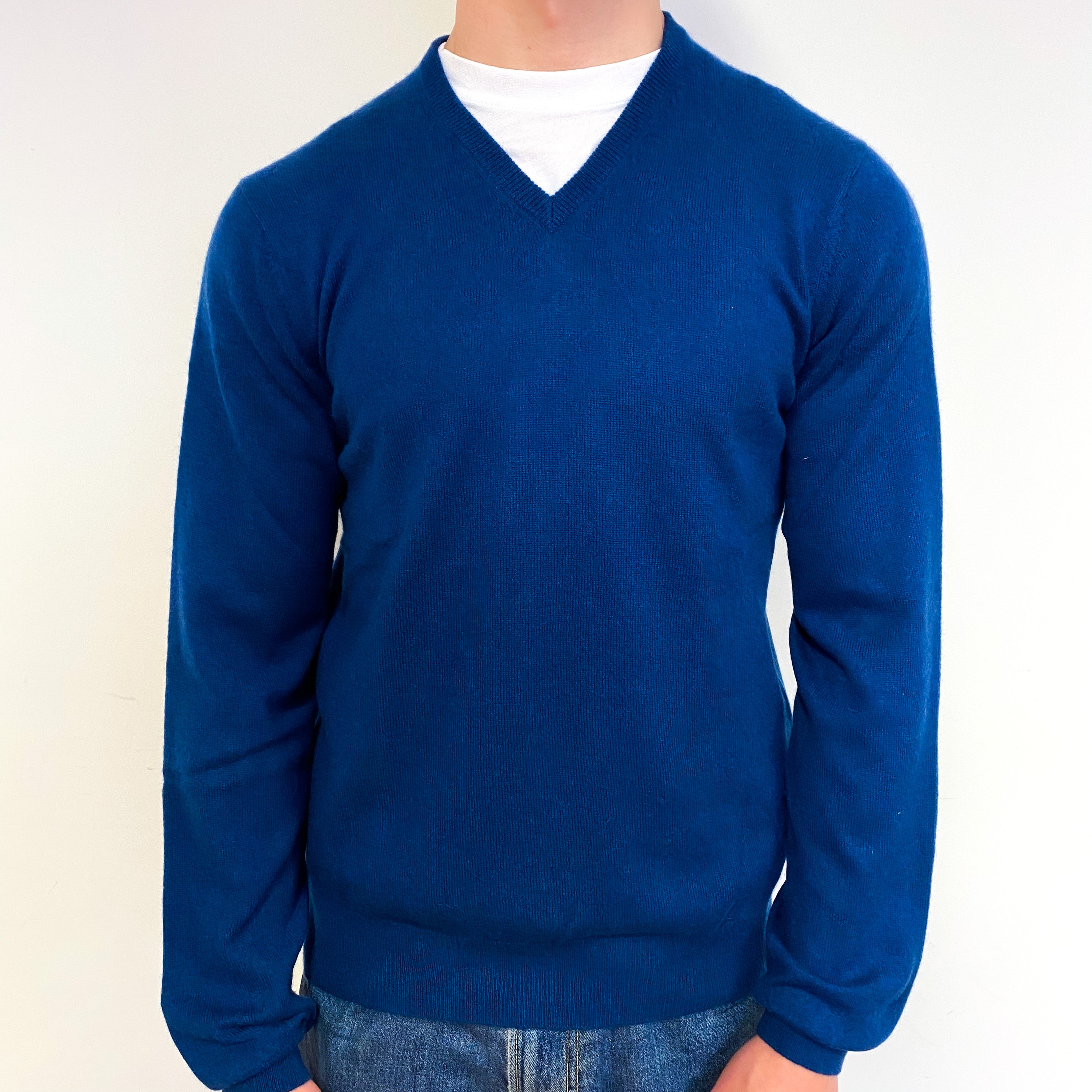 Men's Deep Petrol Blue Cashmere V-Neck Jumper Small