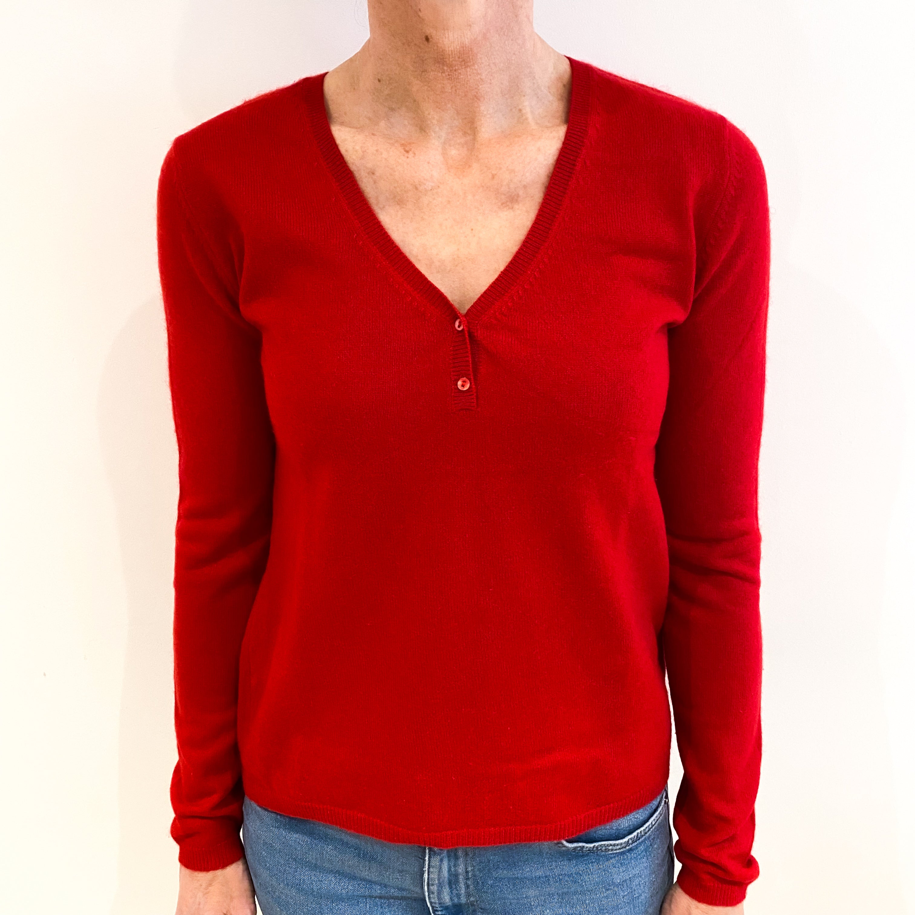 Scarlet Red Cashmere V Neck Jumper Small