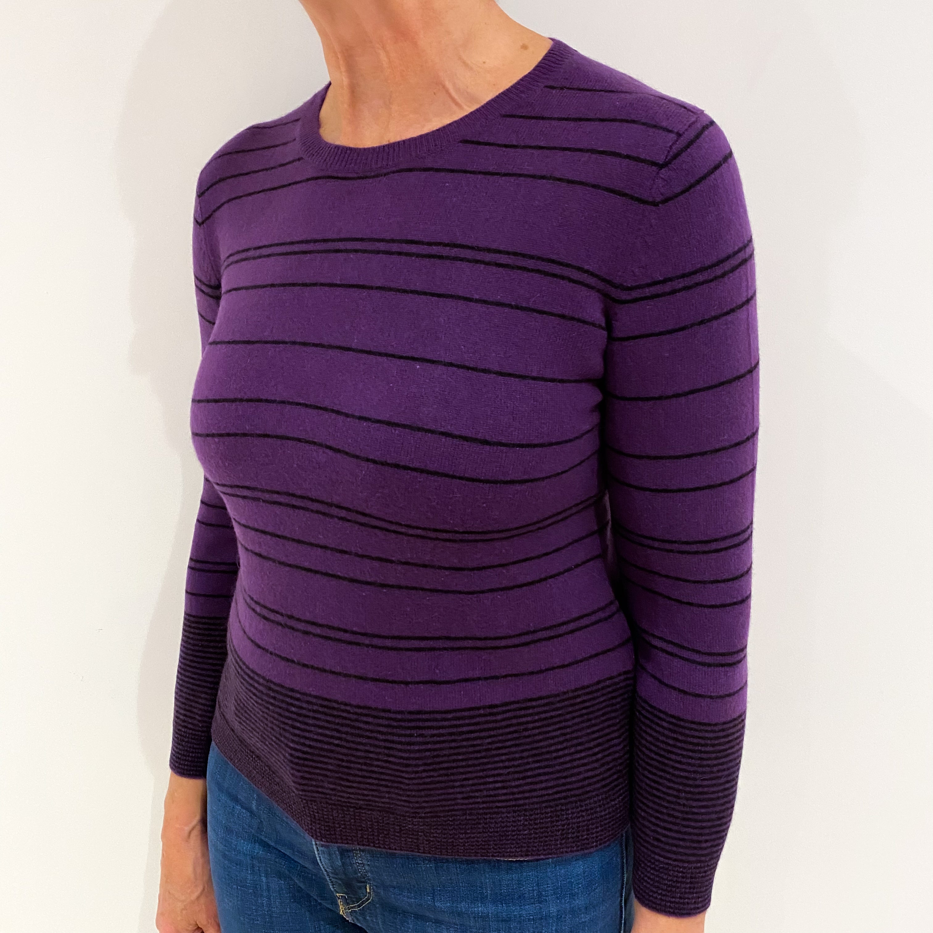 Grape Purple Black Stripe Cashmere Crew Neck Jumper Medium