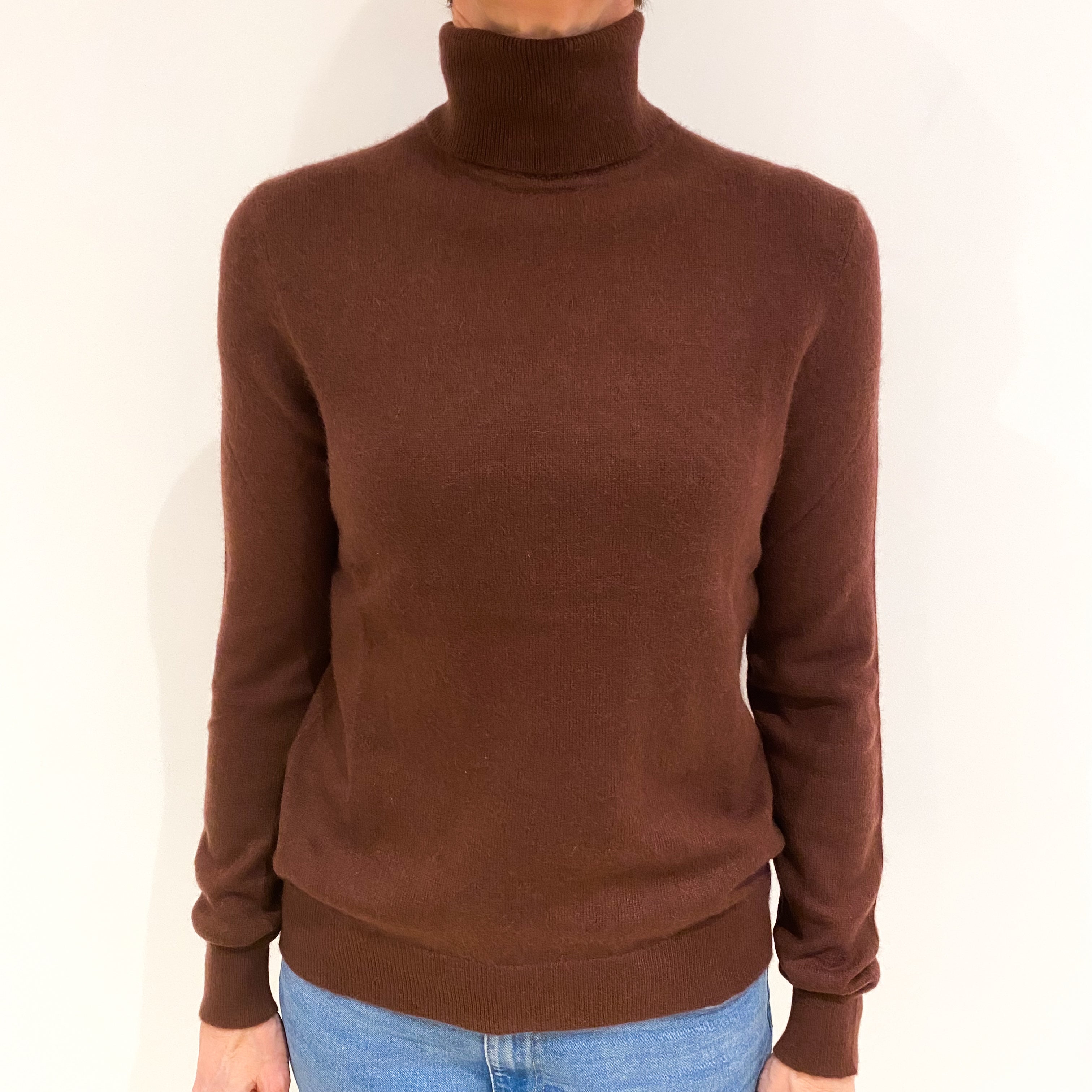 Umber Brown Cashmere Polo Neck Jumper Small