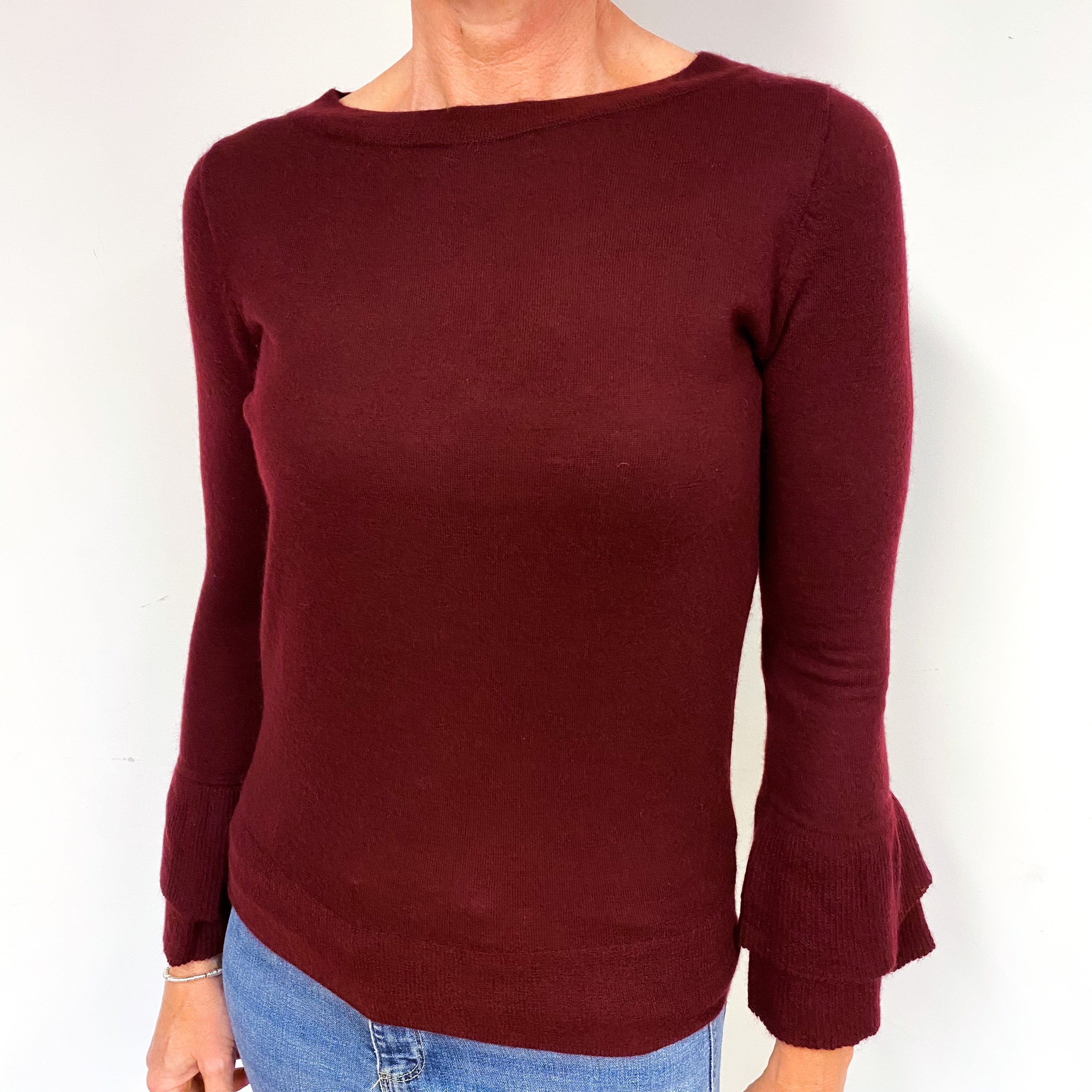 Wine Red Fine Knit Cashmere Crew Neck Jumper Medium