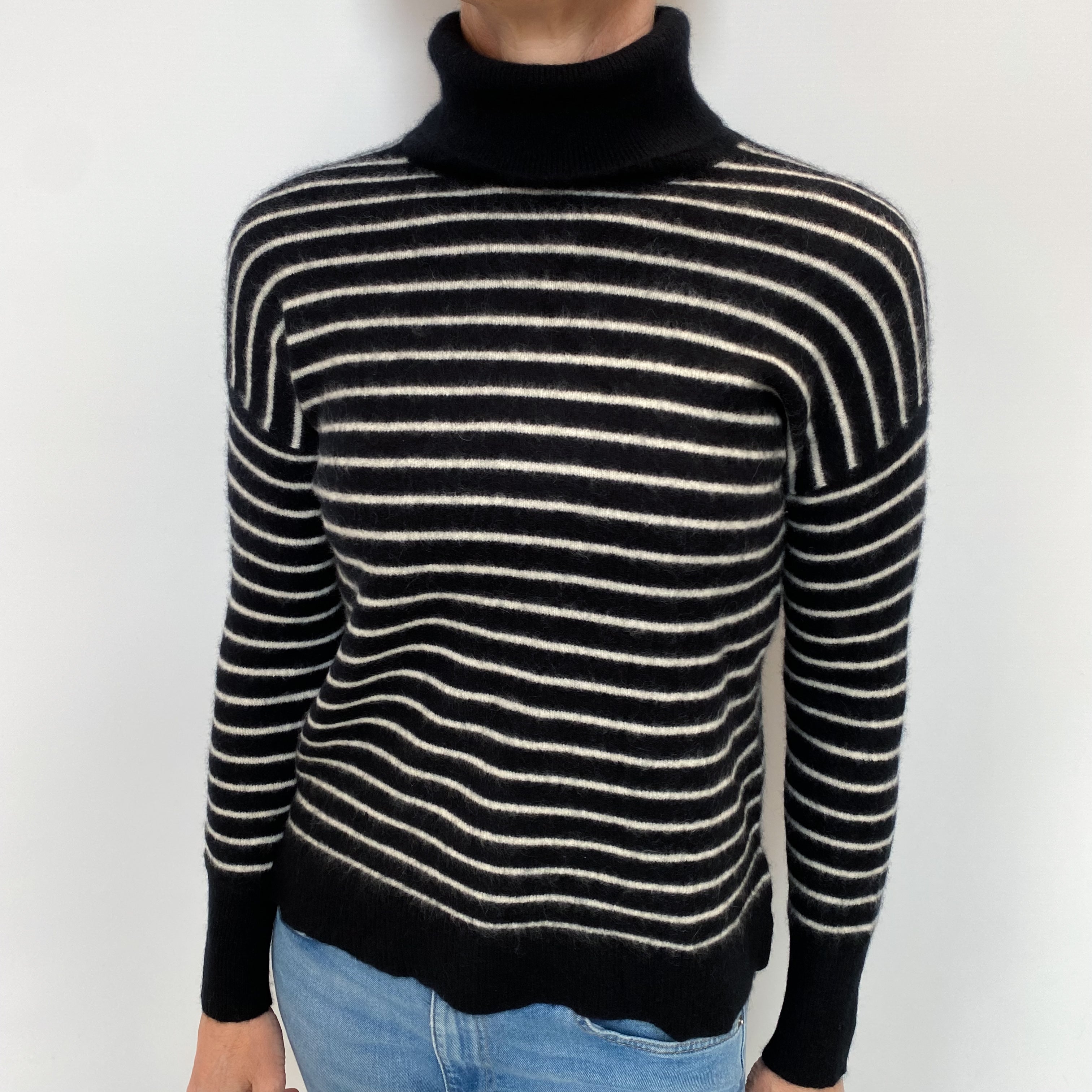 Black White Stripe Cashmere Polo Neck Jumper Small