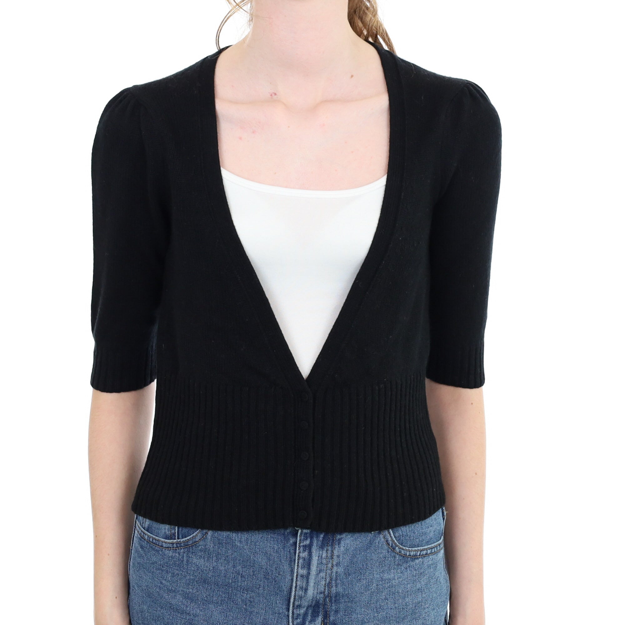 Black Cashmere 1/2 Sleeve V Neck Cardigan Extra Small