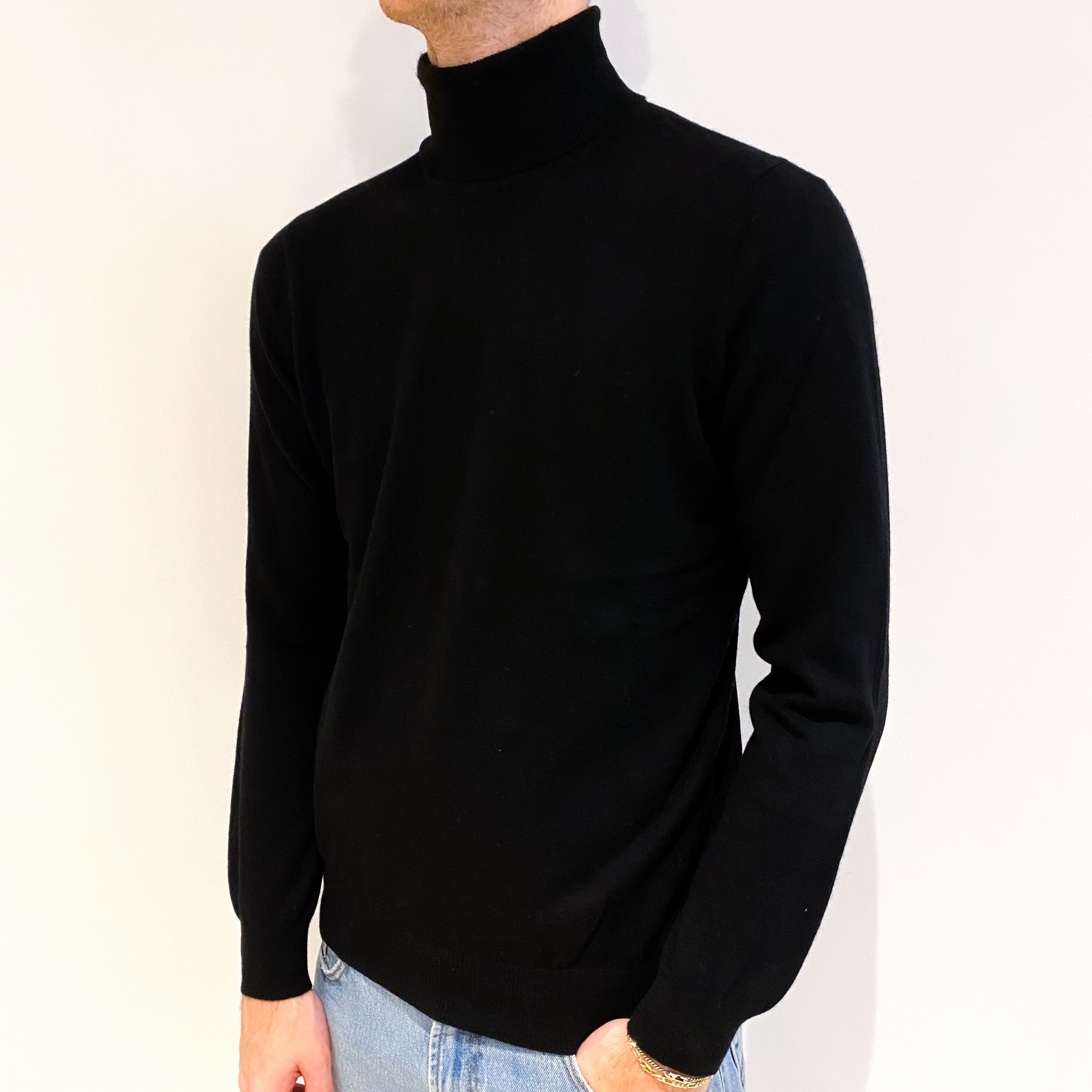 Men's Black Cashmere Polo Neck Jumper Large