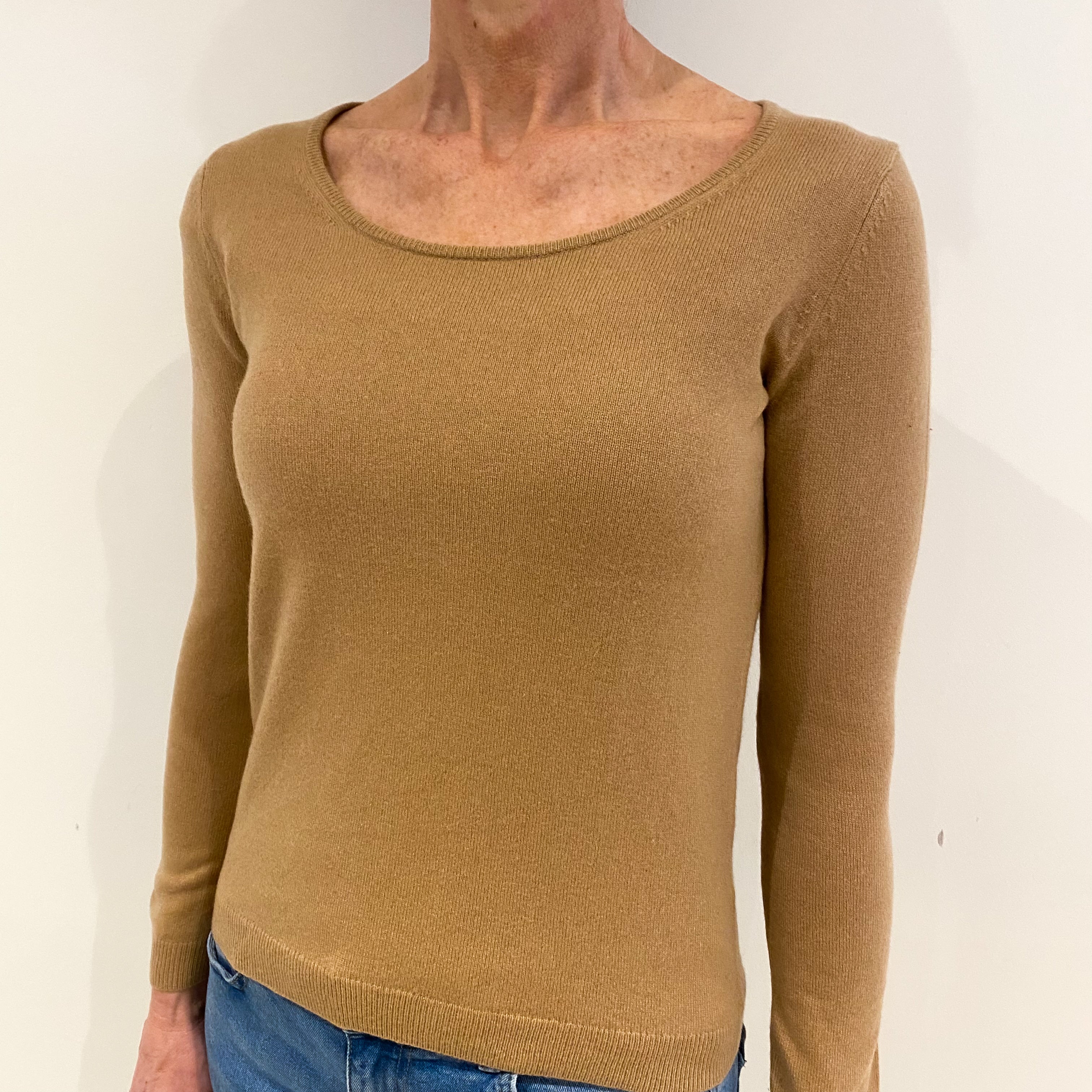 Camel Brown Cashmere Scoop Neck Jumper Small