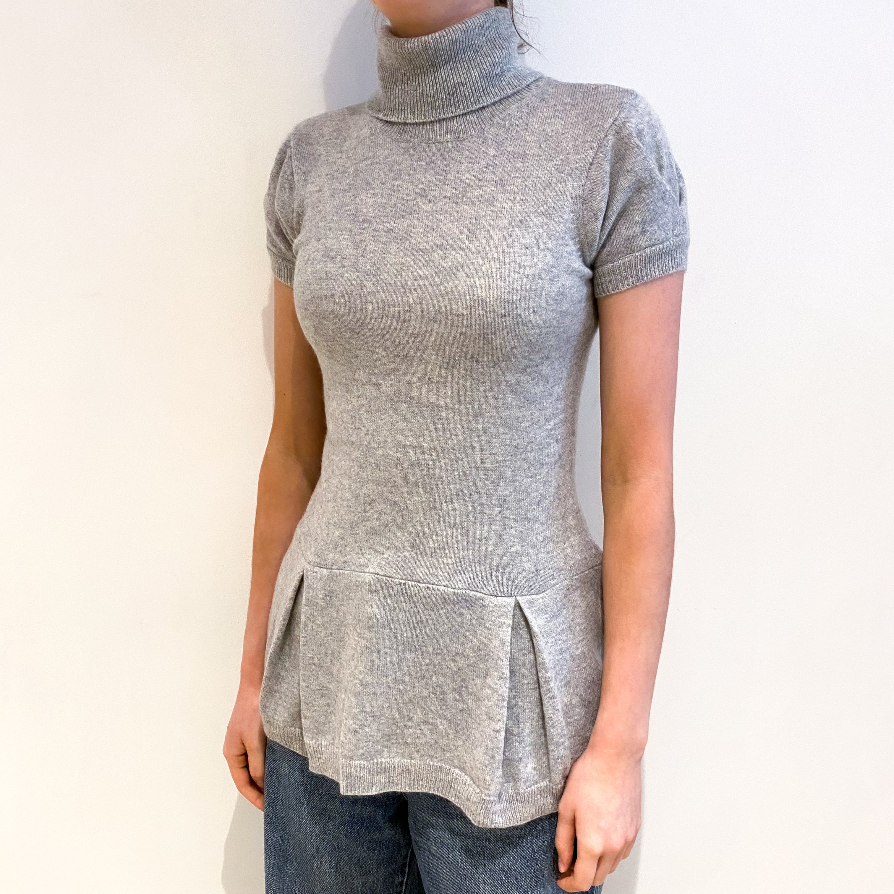 Mist Grey Cashmere Polo Neck Short Sleeved Jumper Extra Small