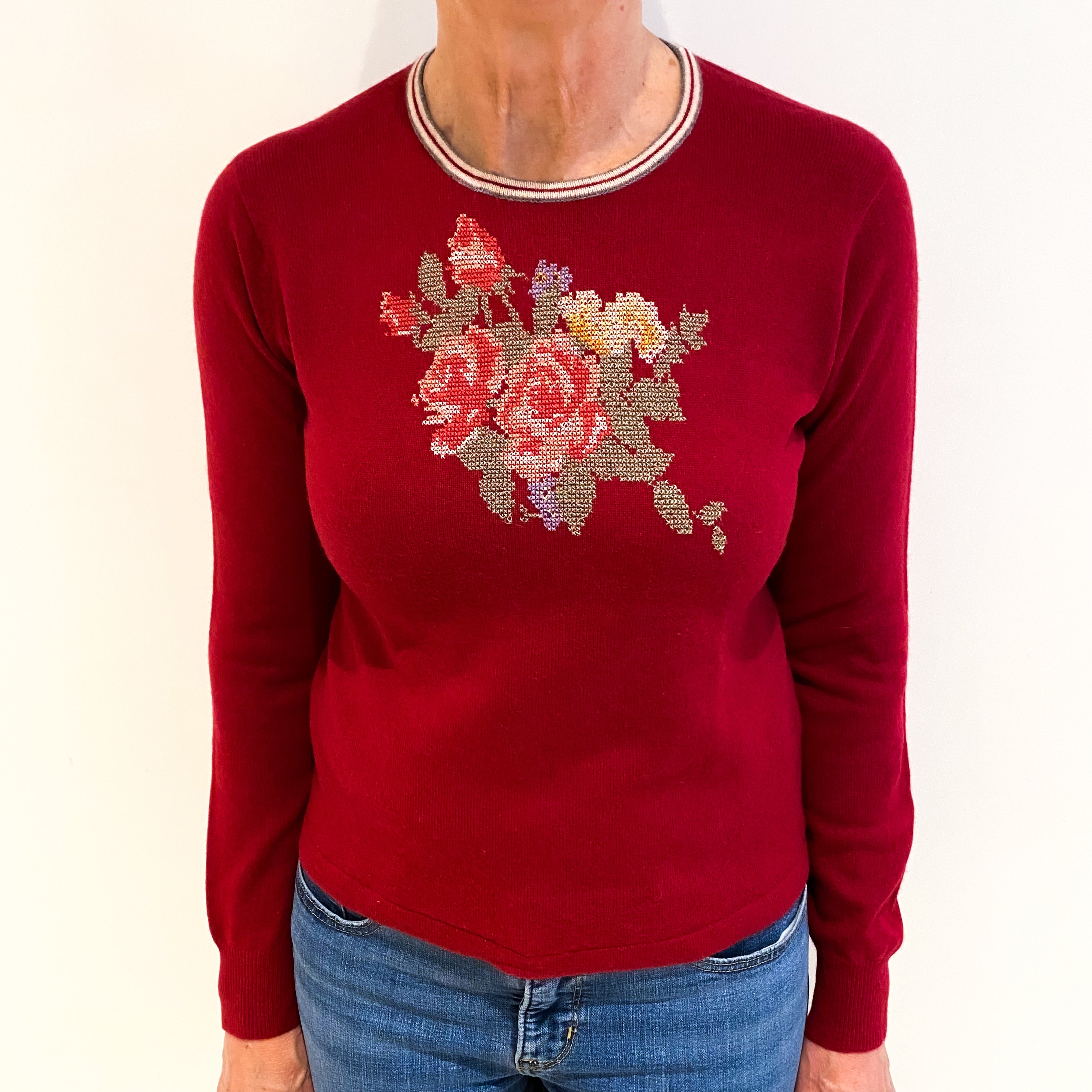 Crimson Red With Floral Tapestry Cashmere Crew Neck Jumper Medium